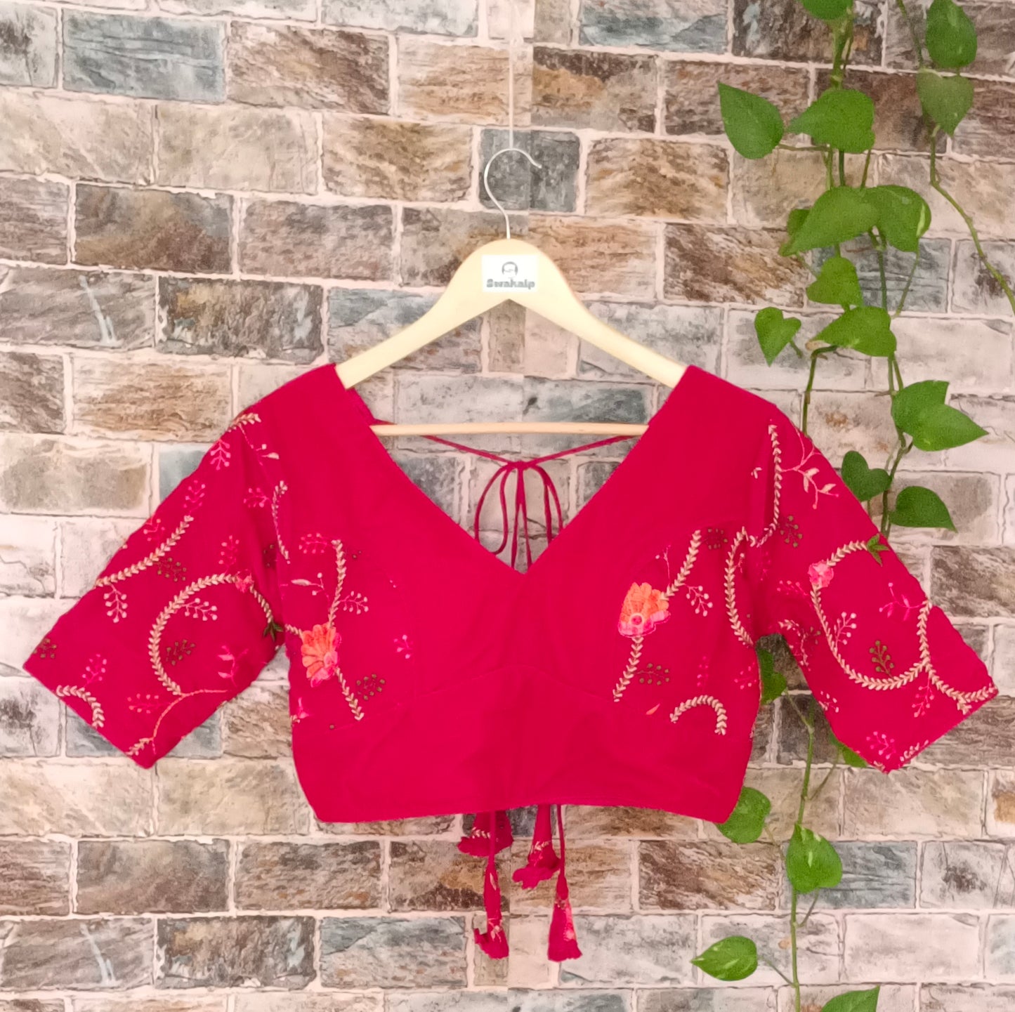 Cherry red Velvet Blouse with Embroidery