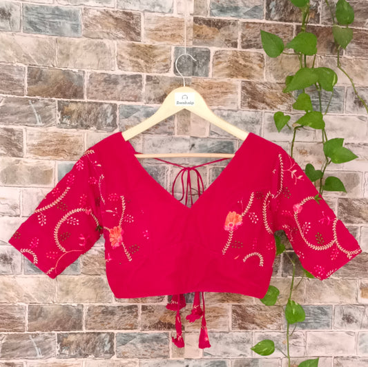 Cherry red Velvet Blouse with Embroidery