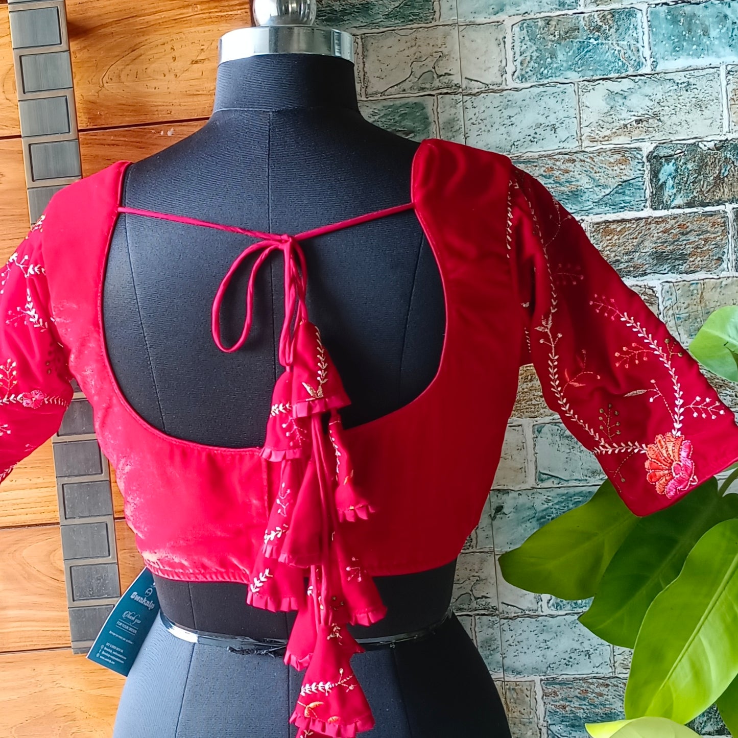 Cherry red Velvet Blouse with Embroidery