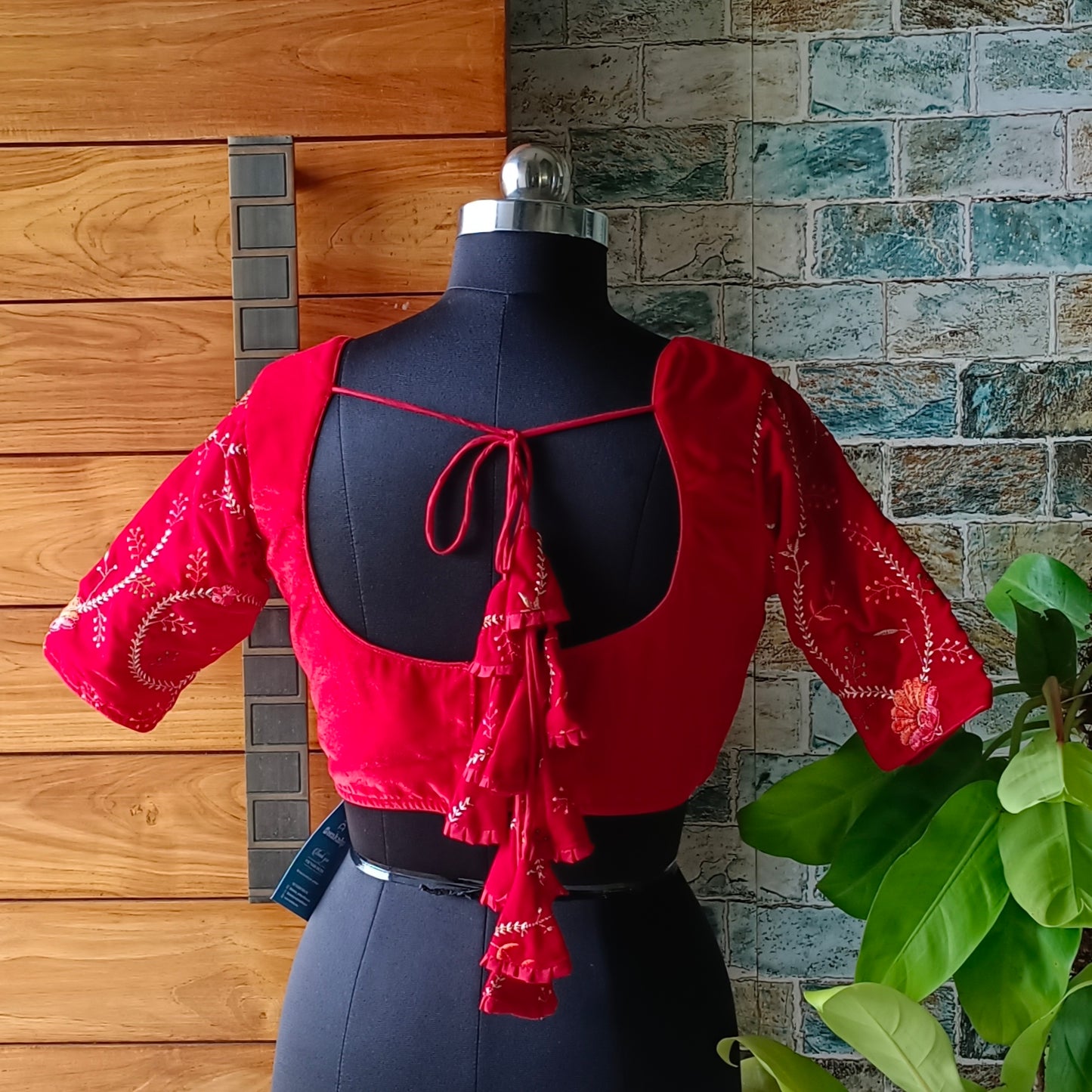 Cherry red Velvet Blouse with Embroidery