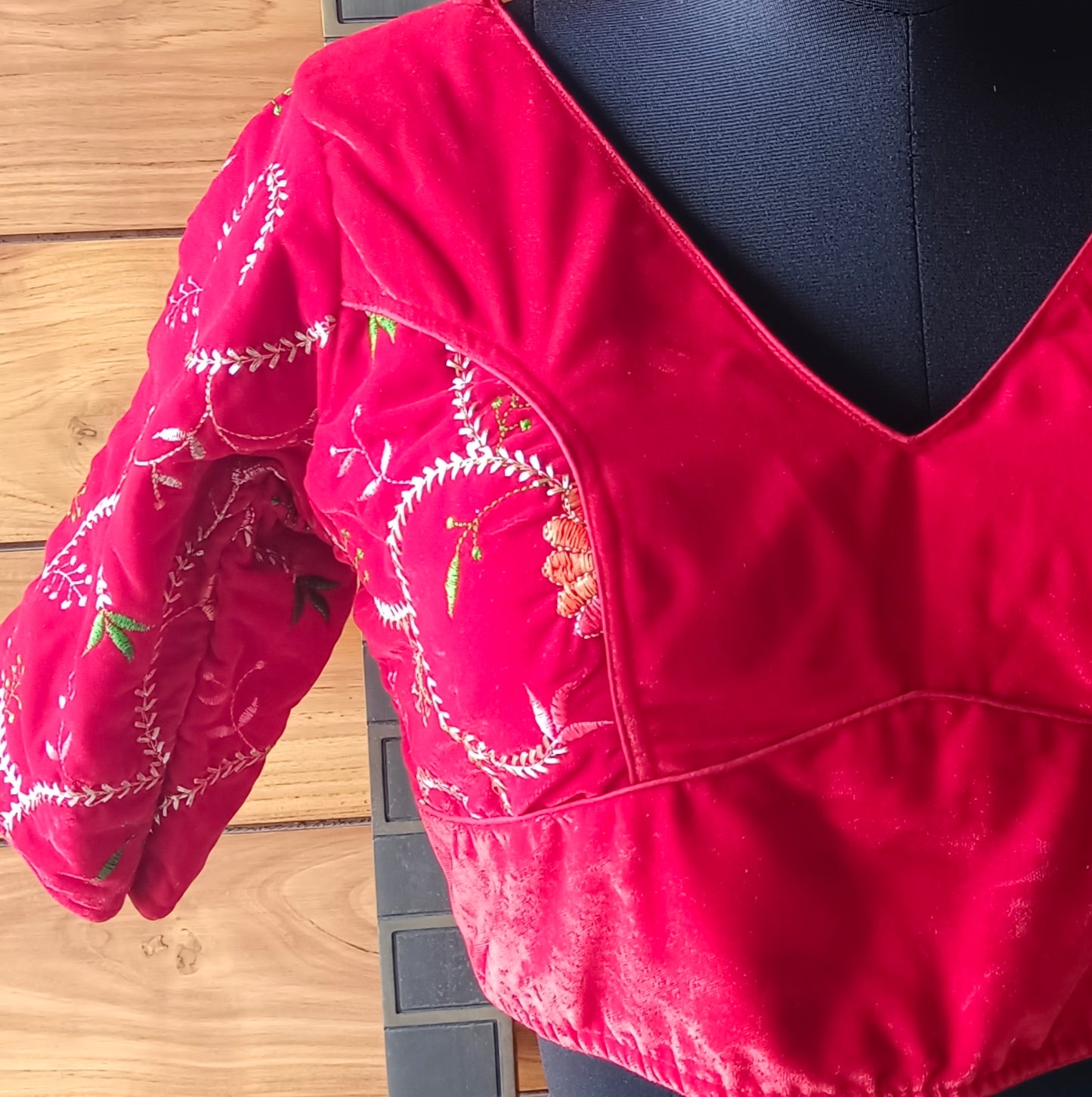 Cherry red Velvet Blouse with Embroidery