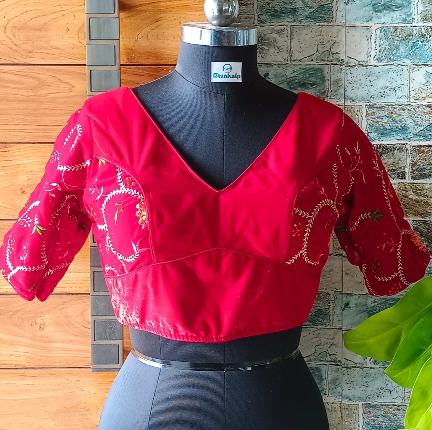 Cherry red Velvet Blouse with Embroidery