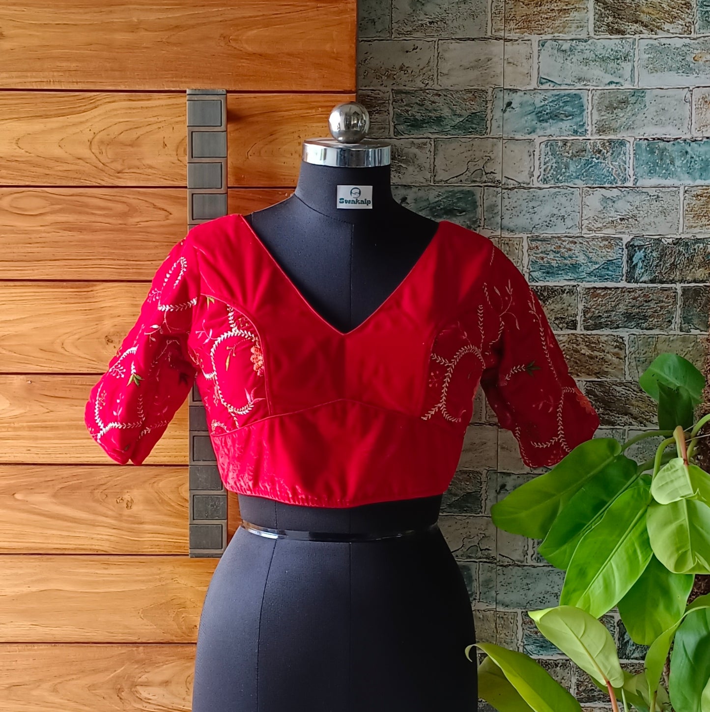 Cherry red Velvet Blouse with Embroidery