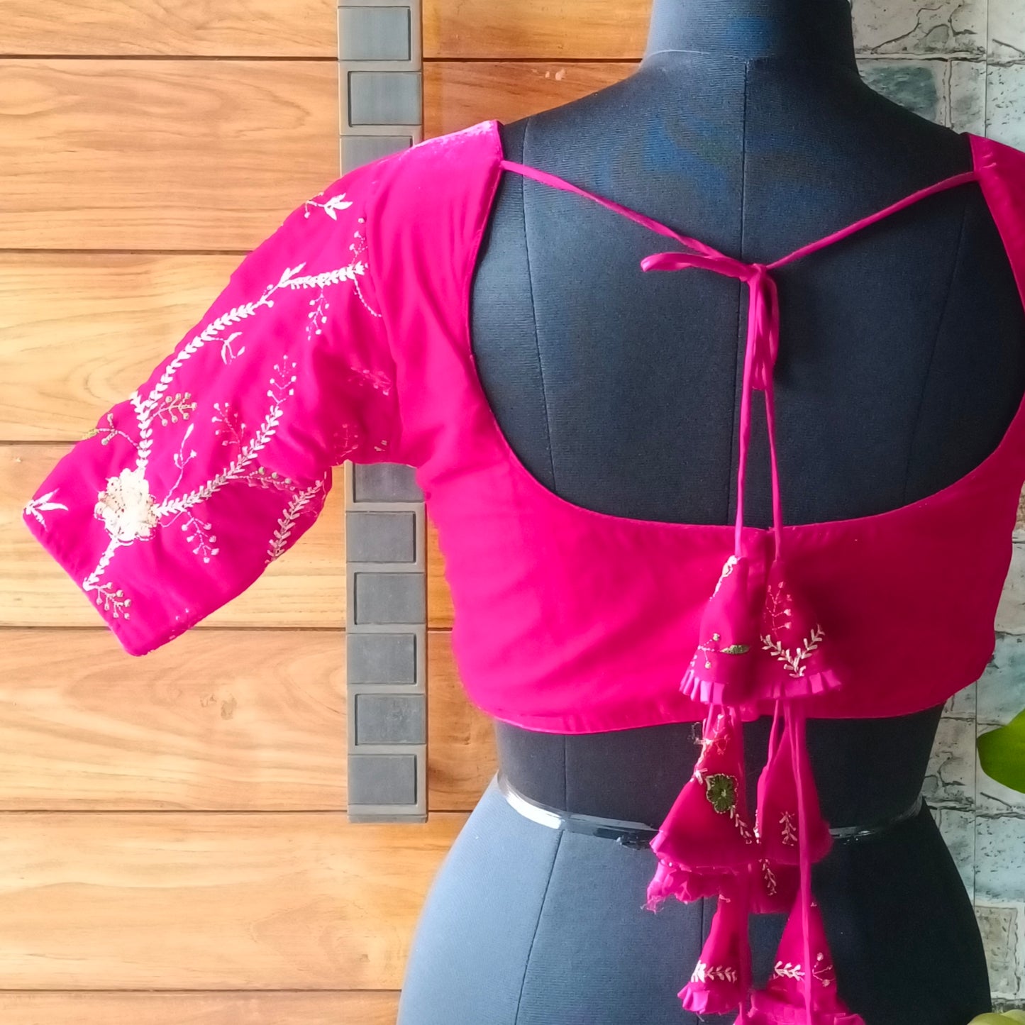 Rani Pink Velvet Blouse with Embroidery