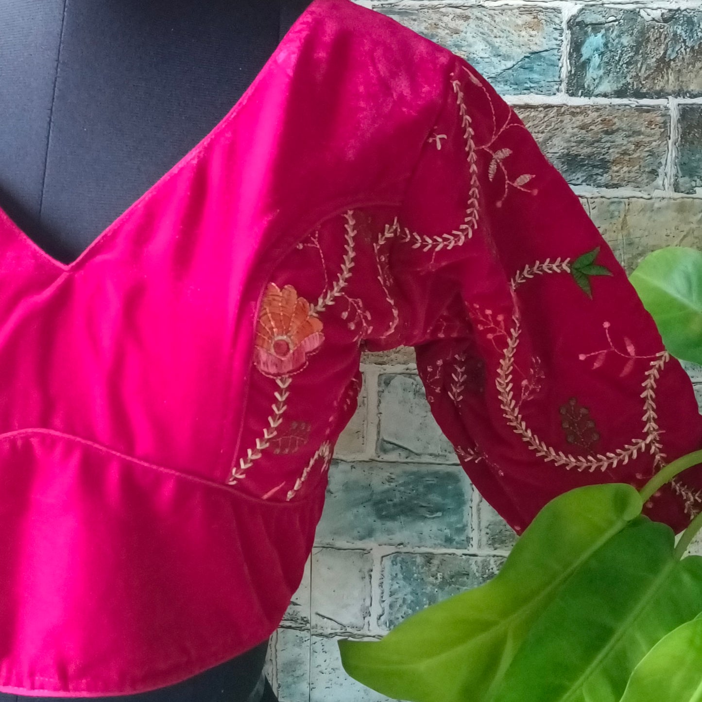 Rani Pink Velvet Blouse with Embroidery