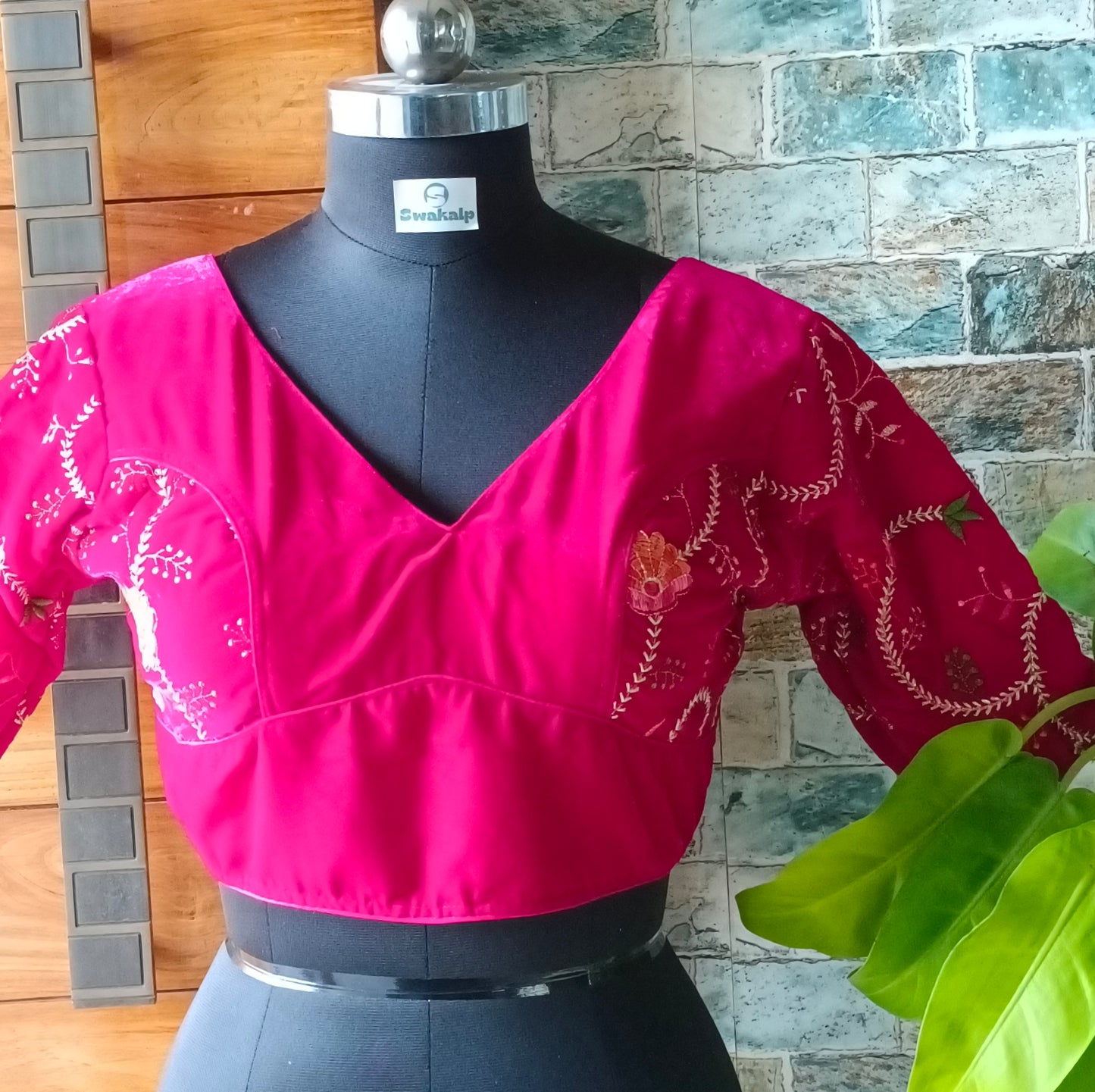 Rani Pink Velvet Blouse with Embroidery