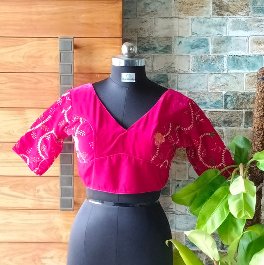 Rani Pink Velvet Blouse with Embroidery