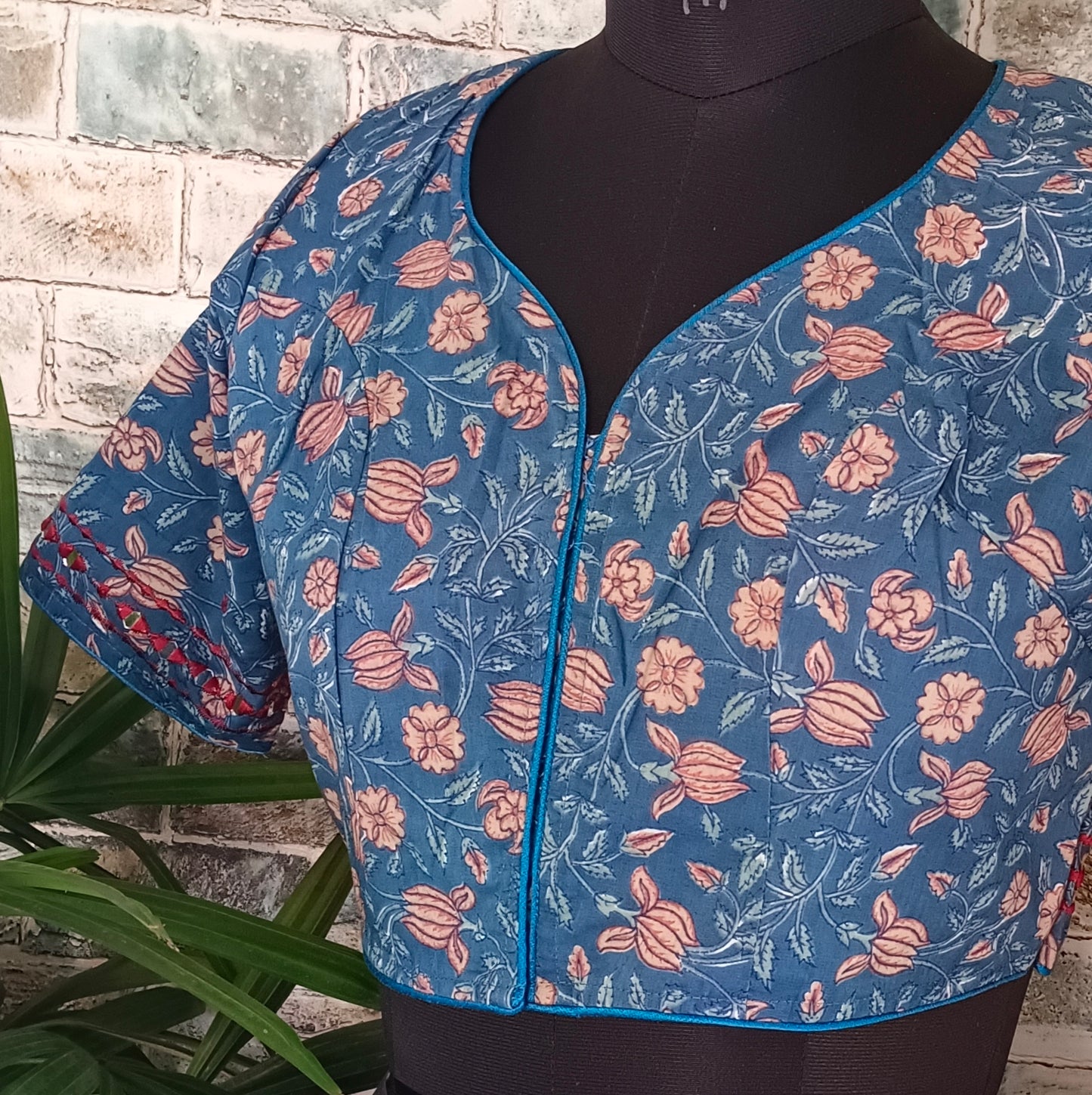 Blue Printed Cotton Blouse with Mirror work