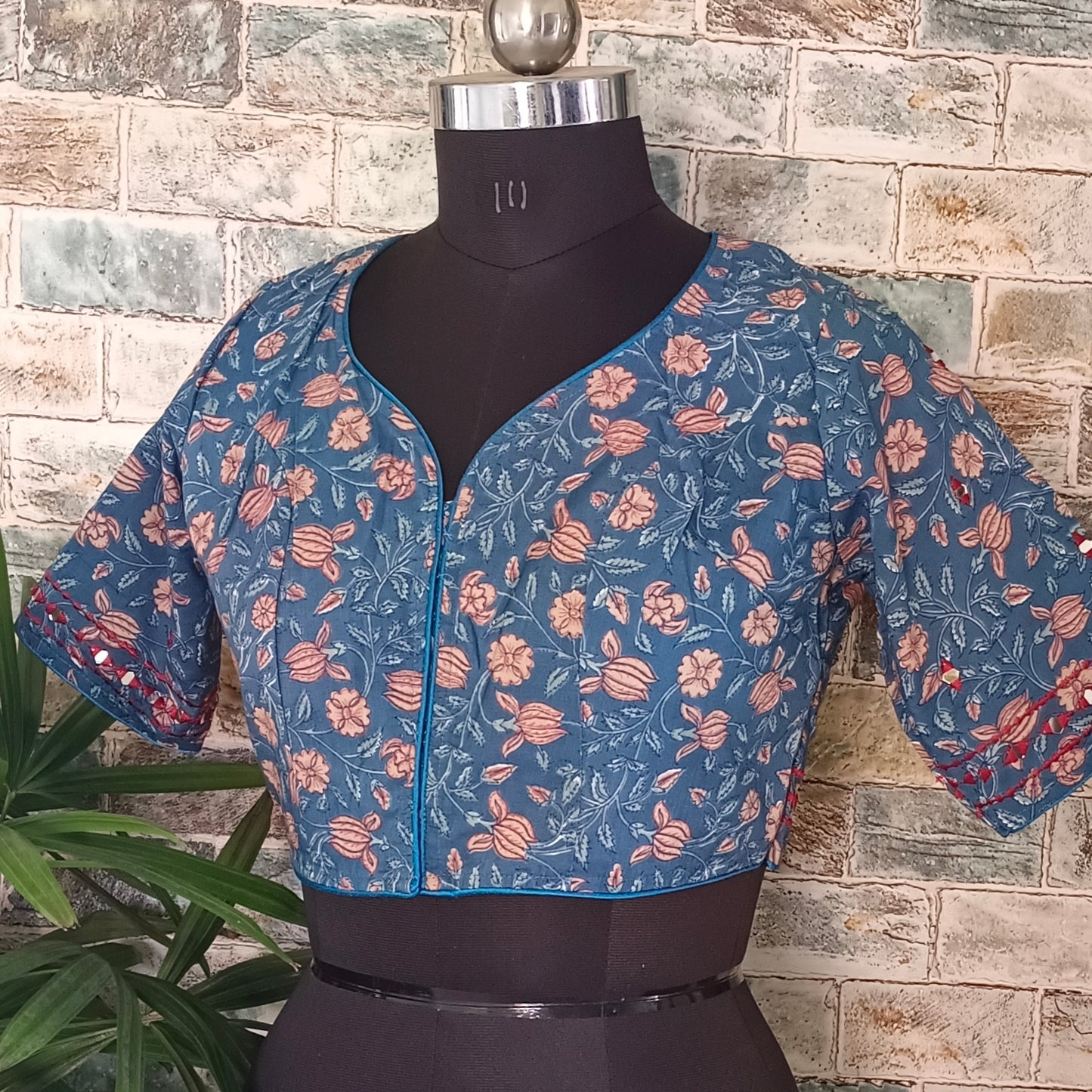 Blue Printed Cotton Blouse with Mirror work