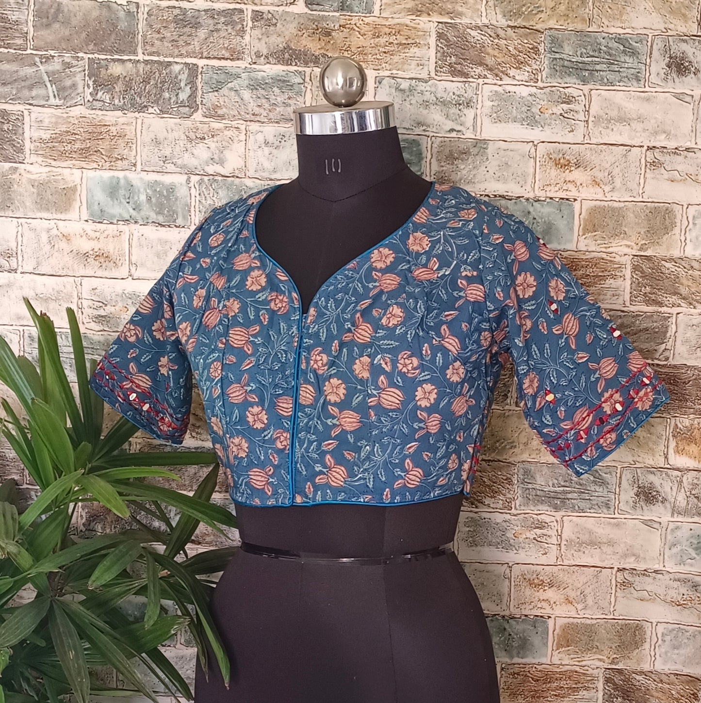 Blue Printed Cotton Blouse with Mirror work