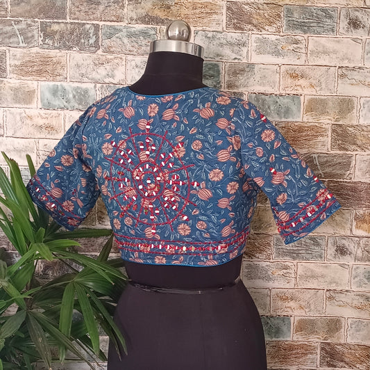 Blue Printed Cotton Blouse with Mirror work