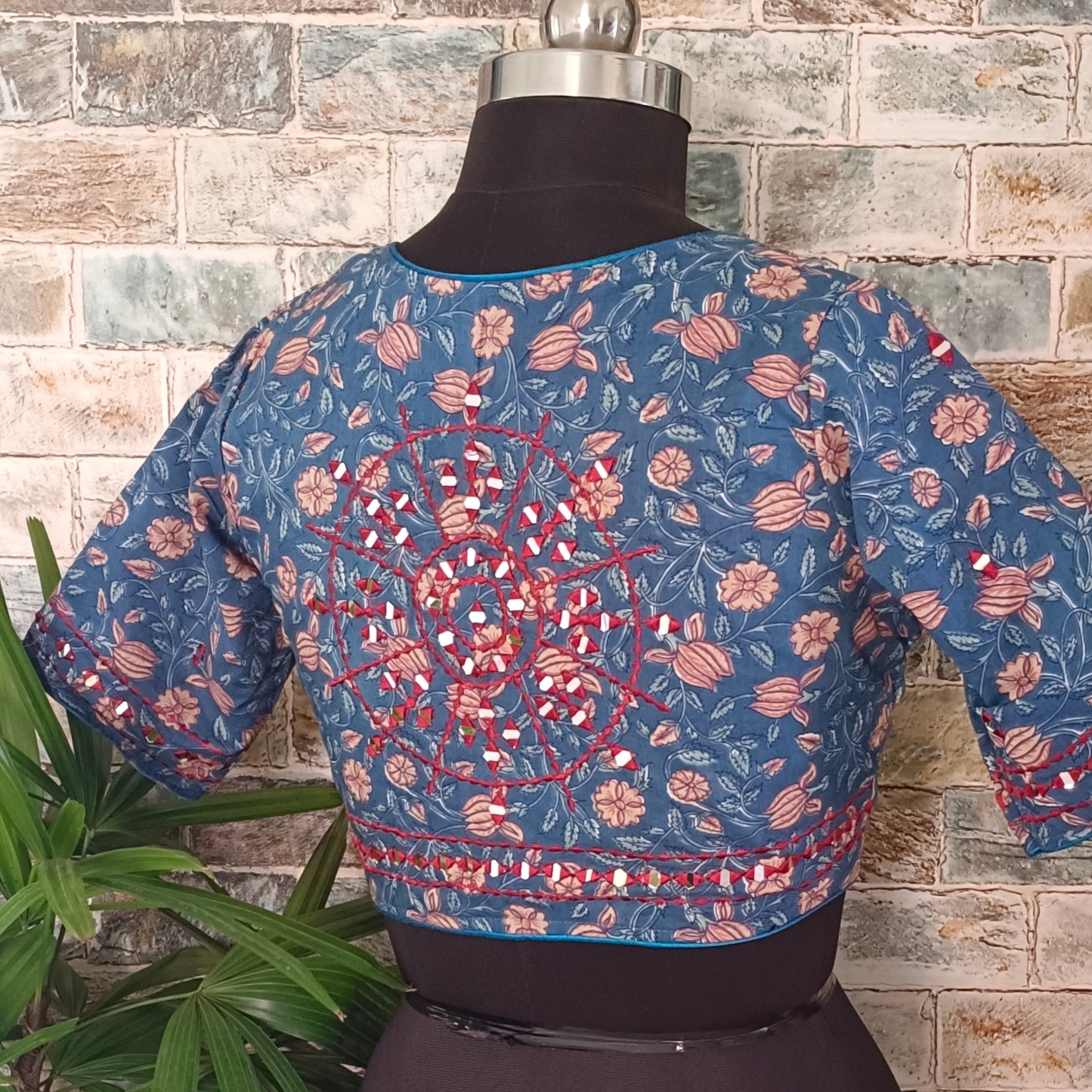 Blue Printed Cotton Blouse with Mirror work