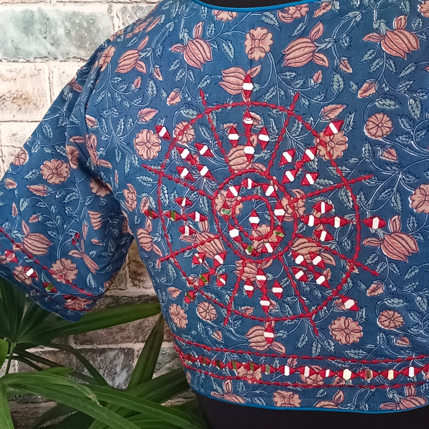 Blue Printed Cotton Blouse with Mirror work