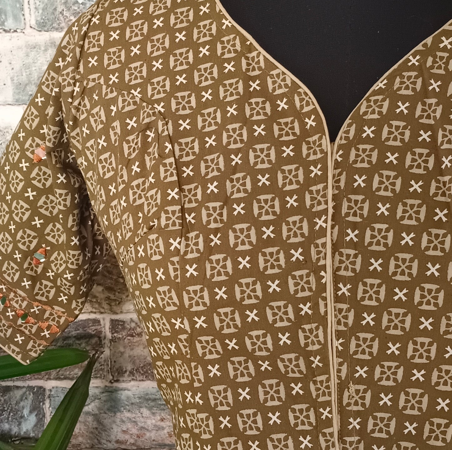 Green Printed Cotton Blouse with Mirror work