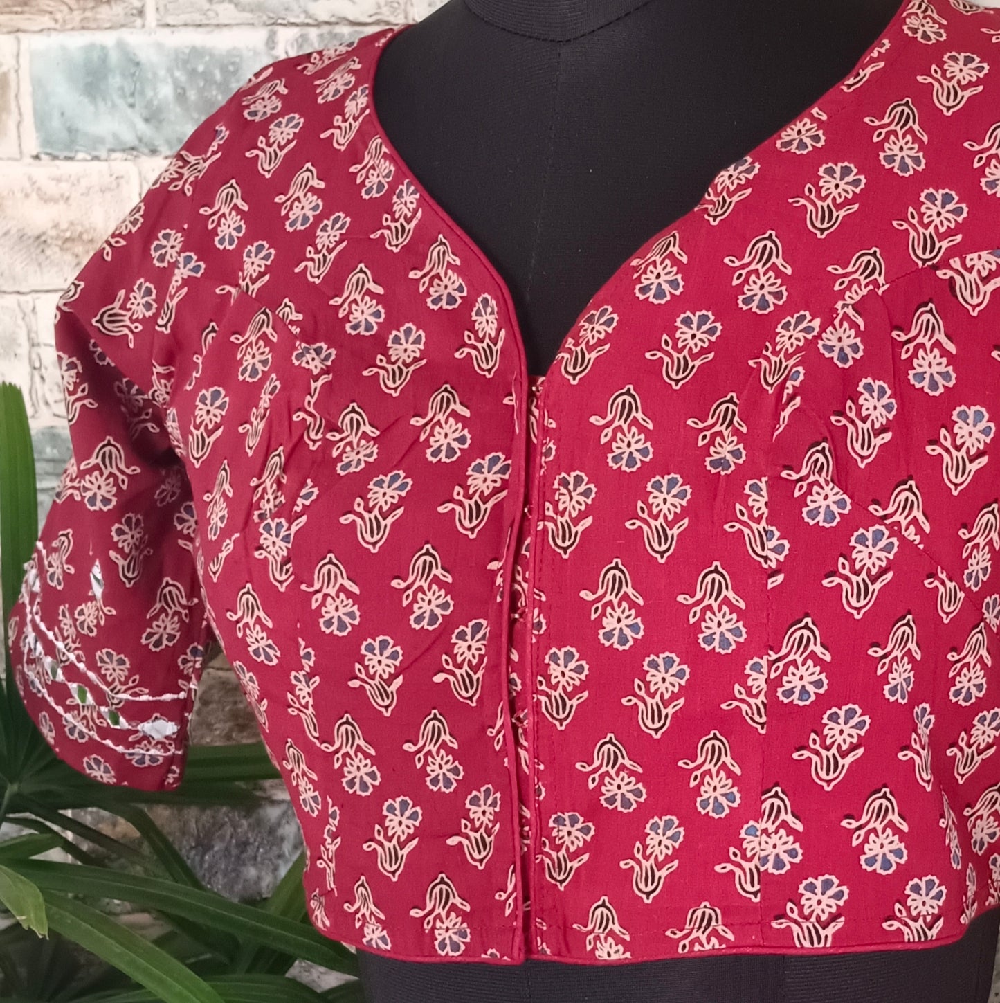 Maroon Printed Cotton Blouse with Mirror work