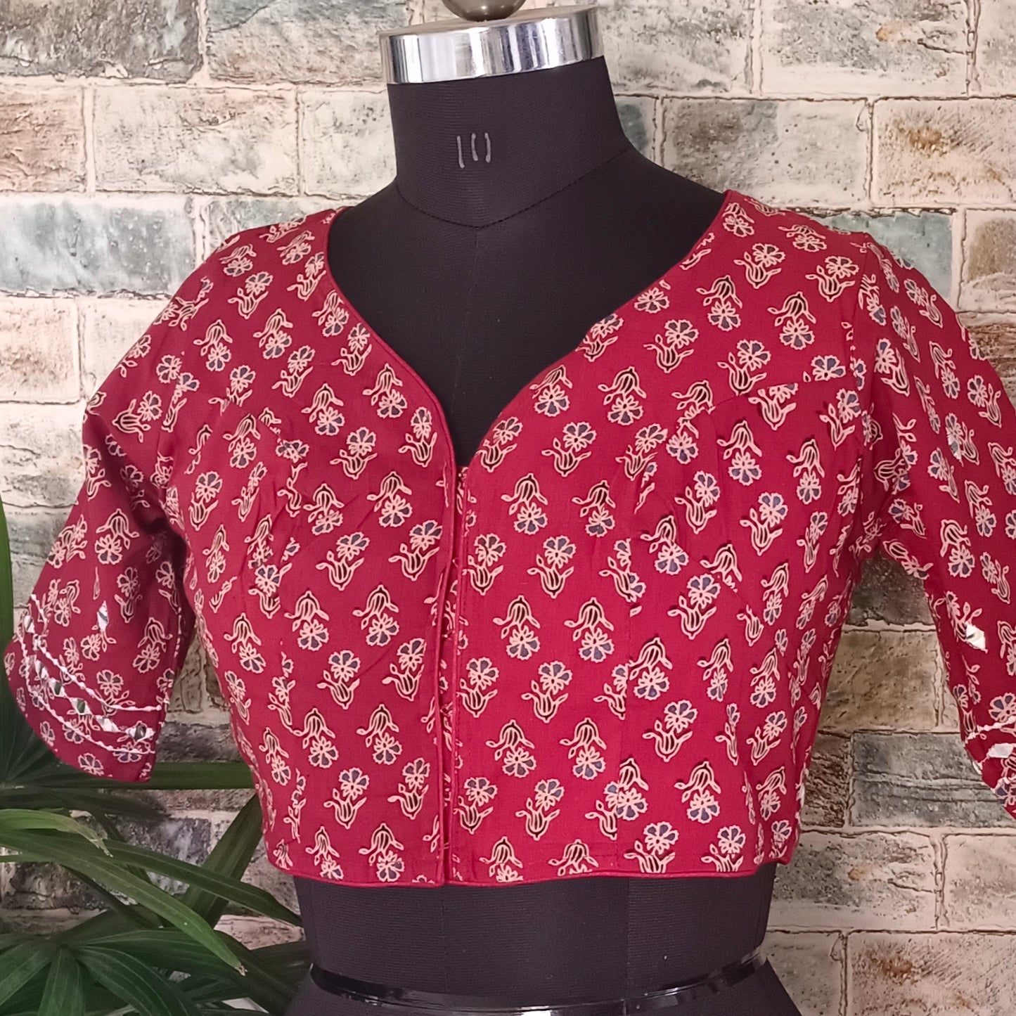 Maroon Printed Cotton Blouse with Mirror work