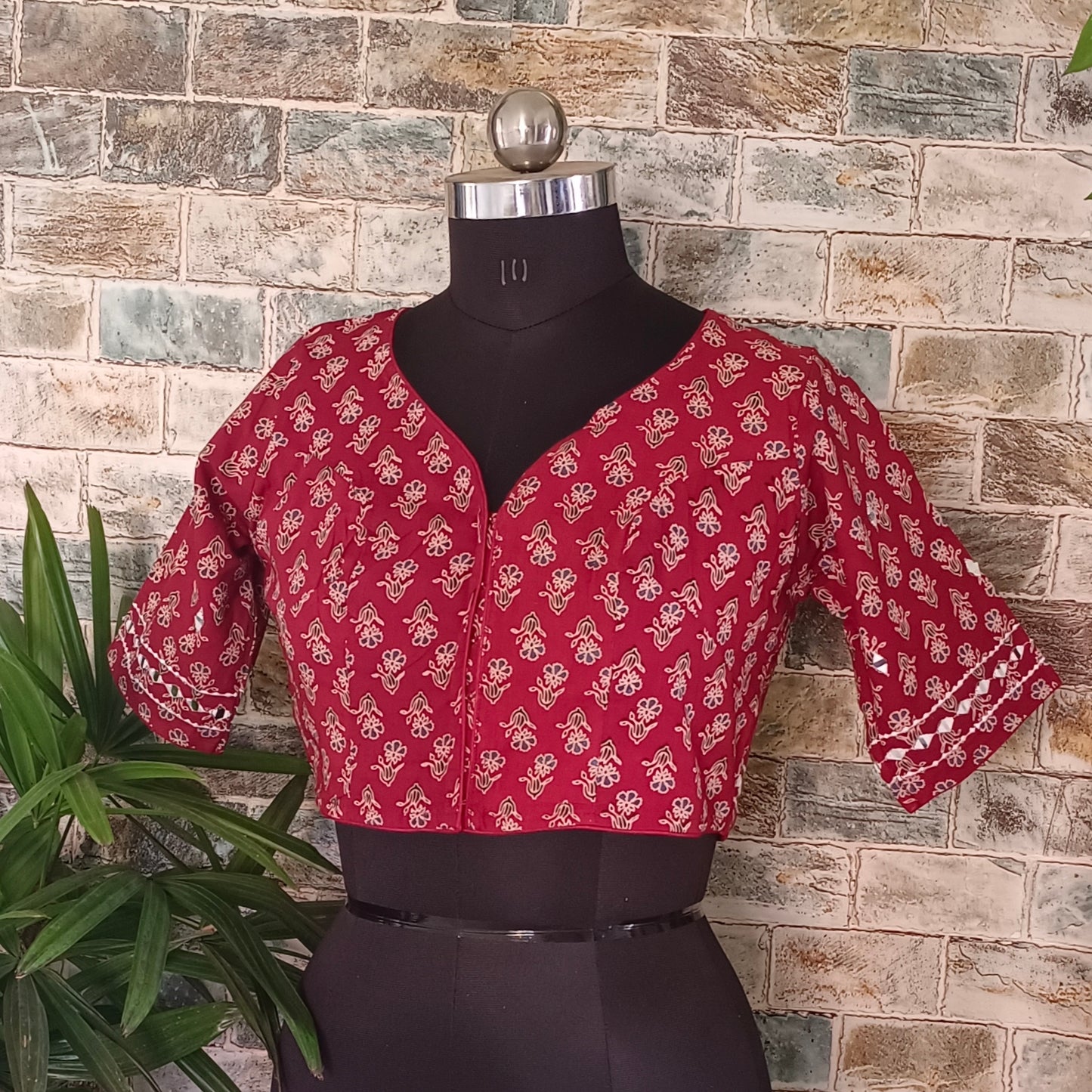 Maroon Printed Cotton Blouse with Mirror work