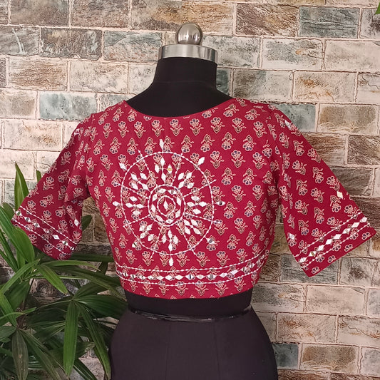 Maroon Printed Cotton Blouse with Mirror work