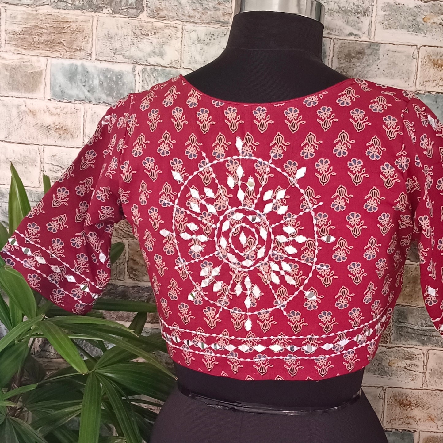 Maroon Printed Cotton Blouse with Mirror work