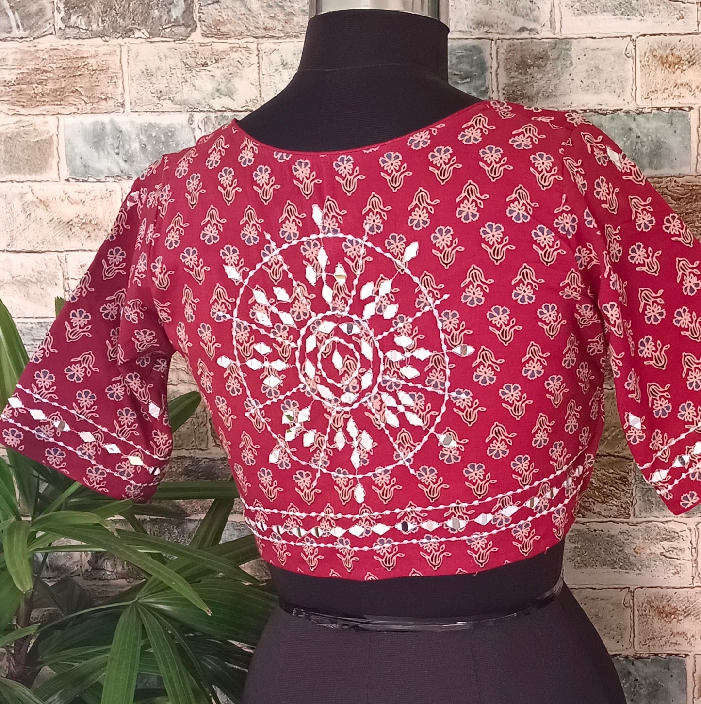 Maroon Printed Cotton Blouse with Mirror work