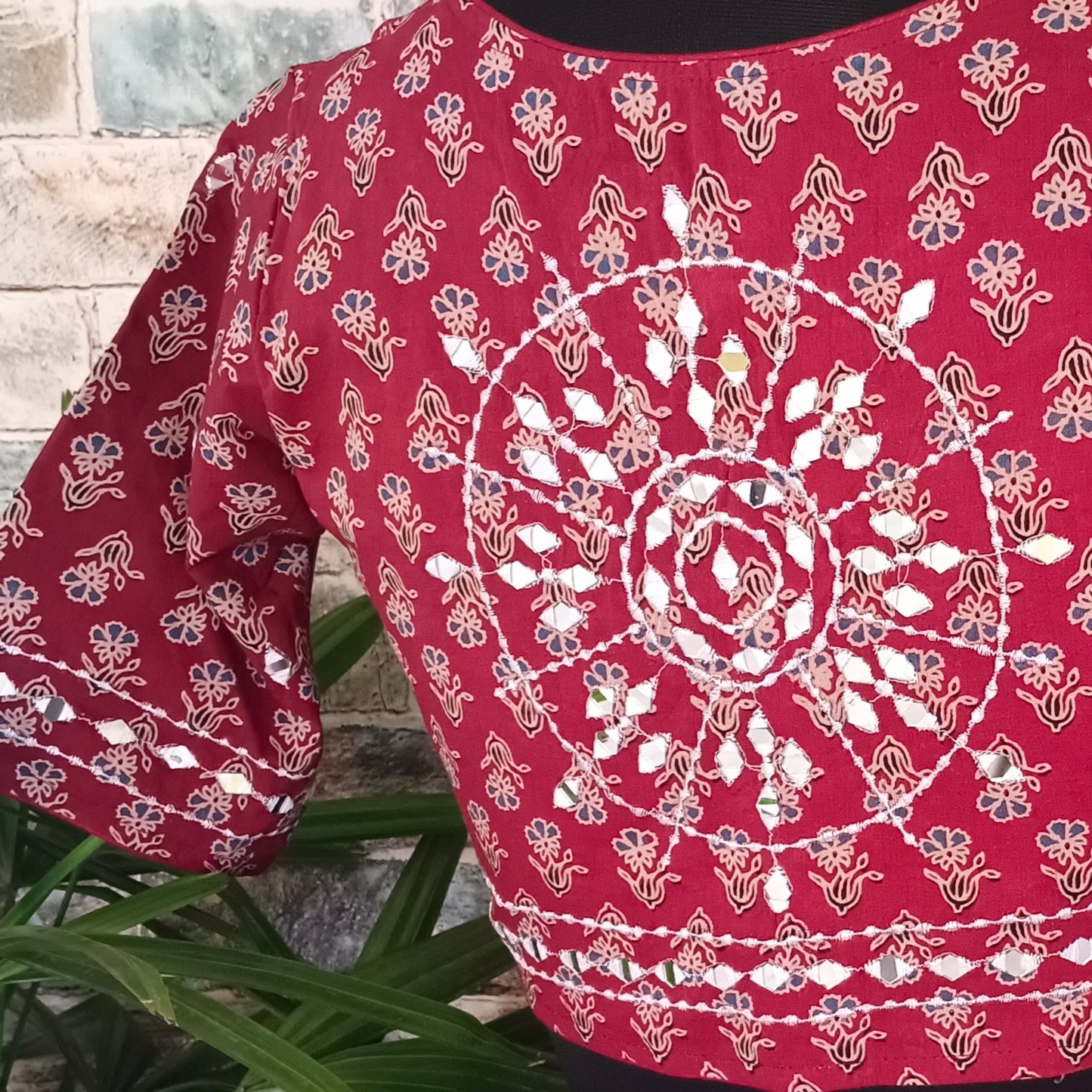 Maroon Printed Cotton Blouse with Mirror work