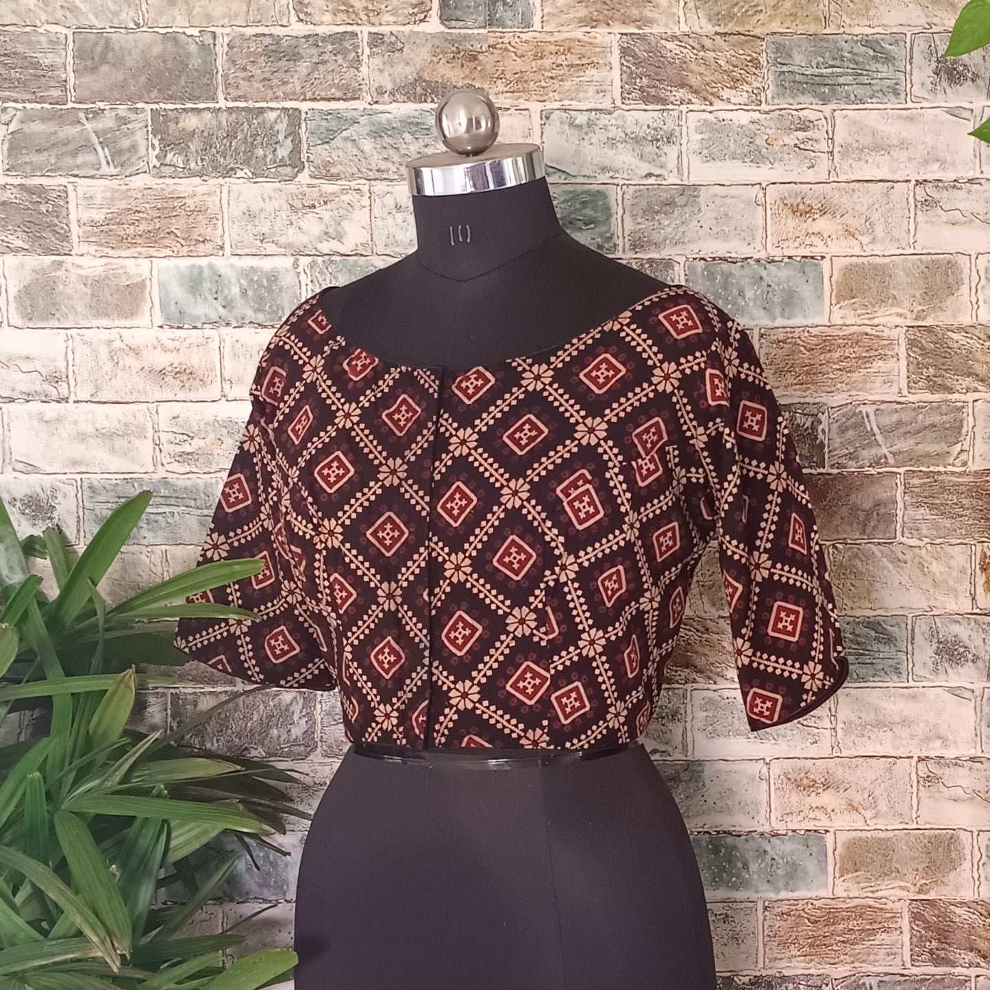 Black Printed Cotton Blouse with Boat Neck