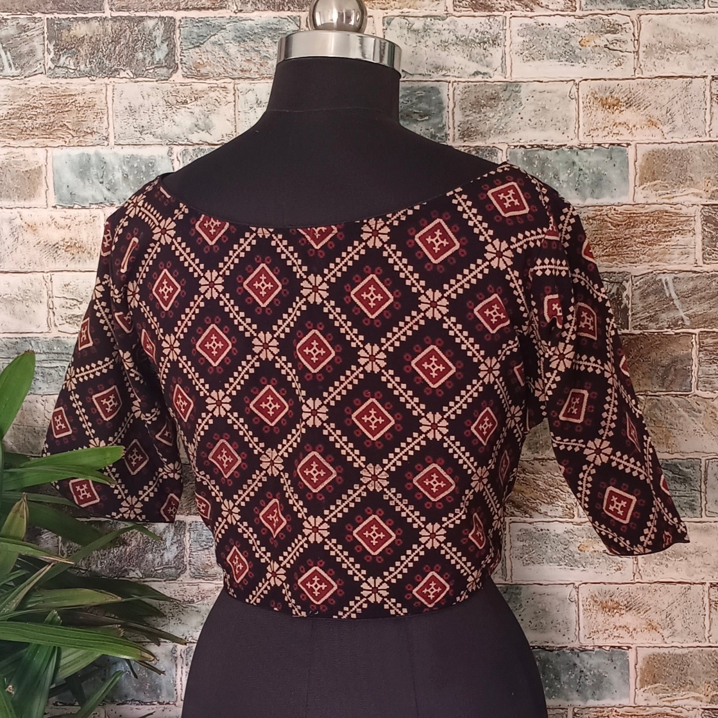 Black Printed Cotton Blouse with Boat Neck