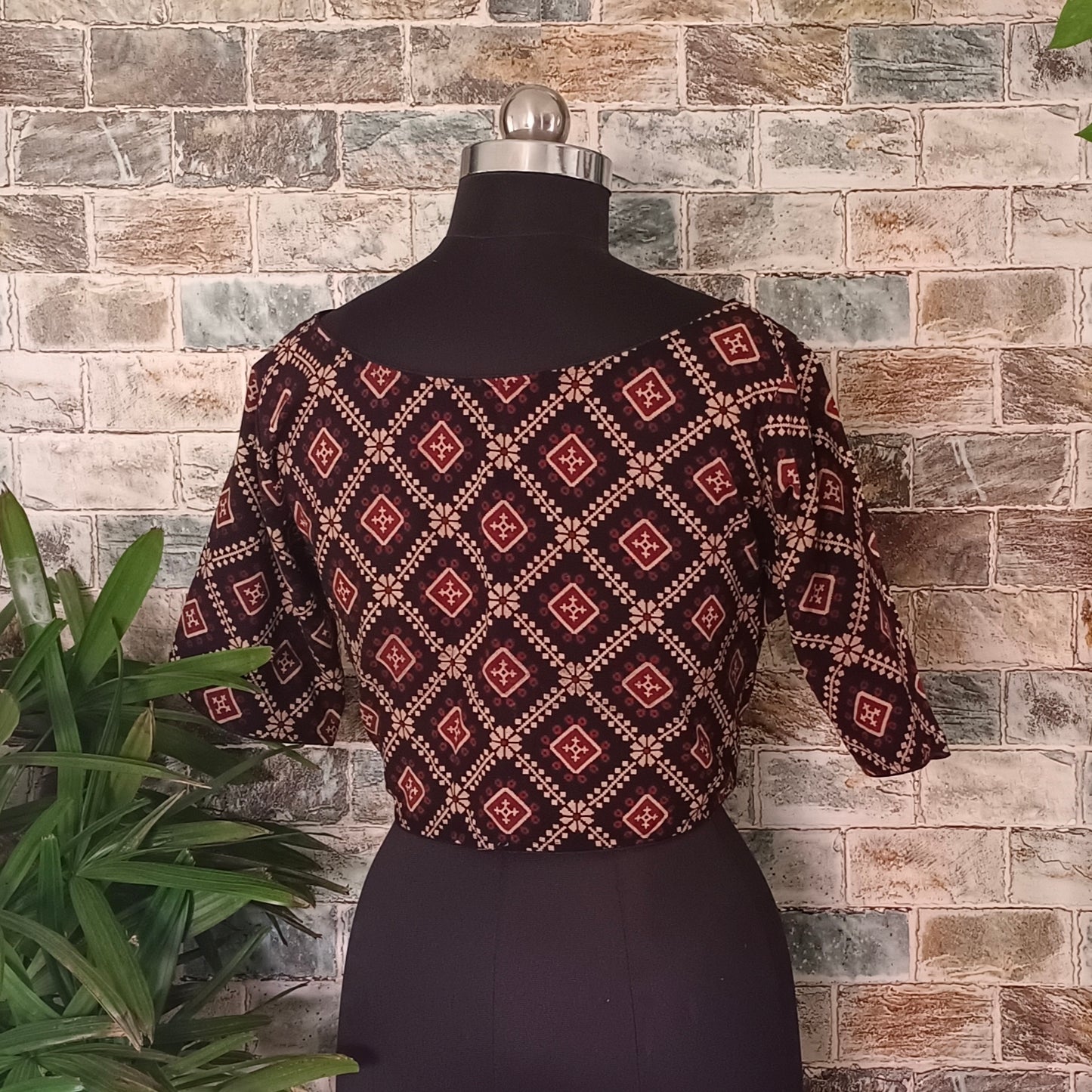 Black Printed Cotton Blouse with Boat Neck