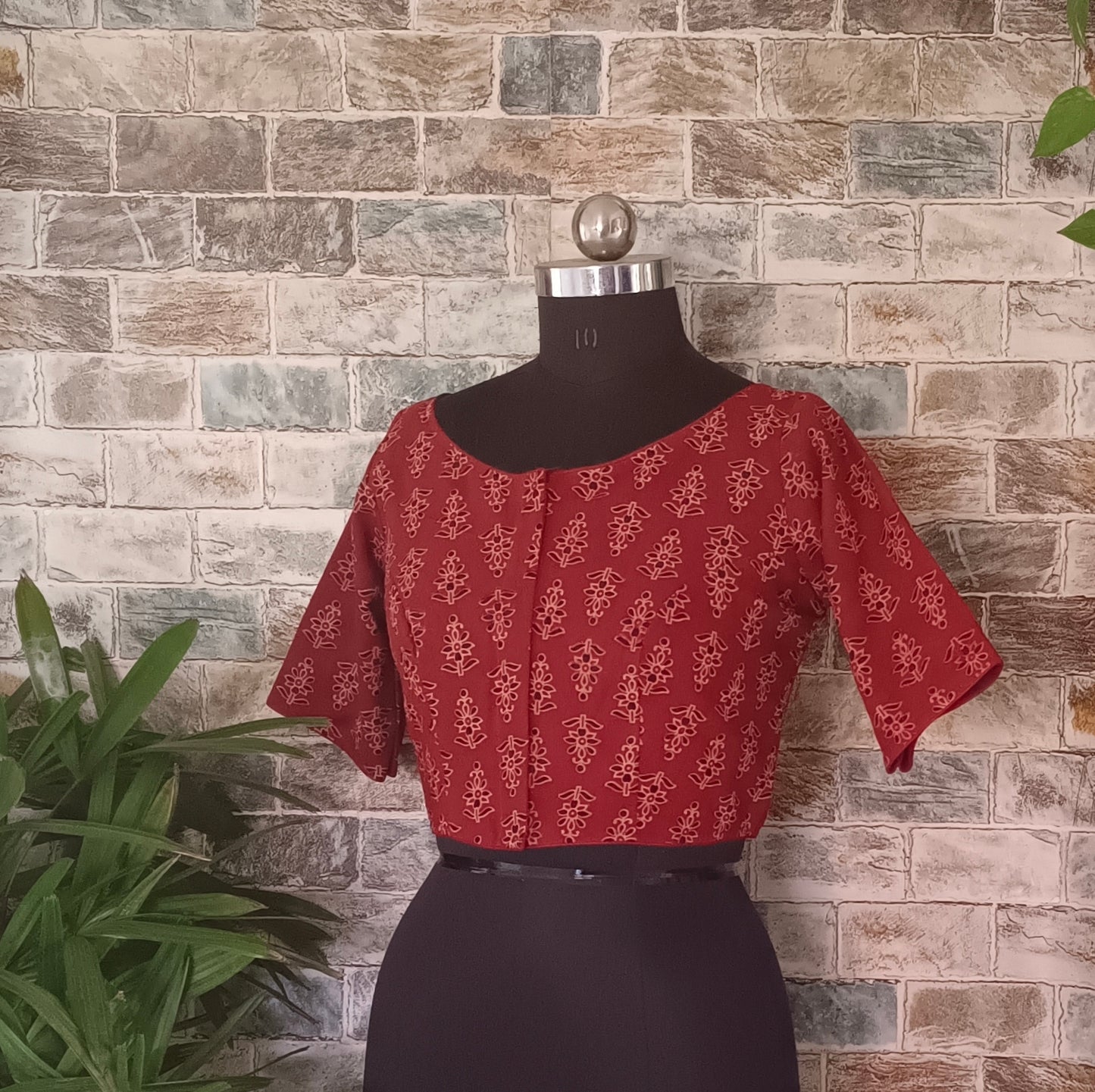 Maroon Printed Cotton Blouse with Boat Neck