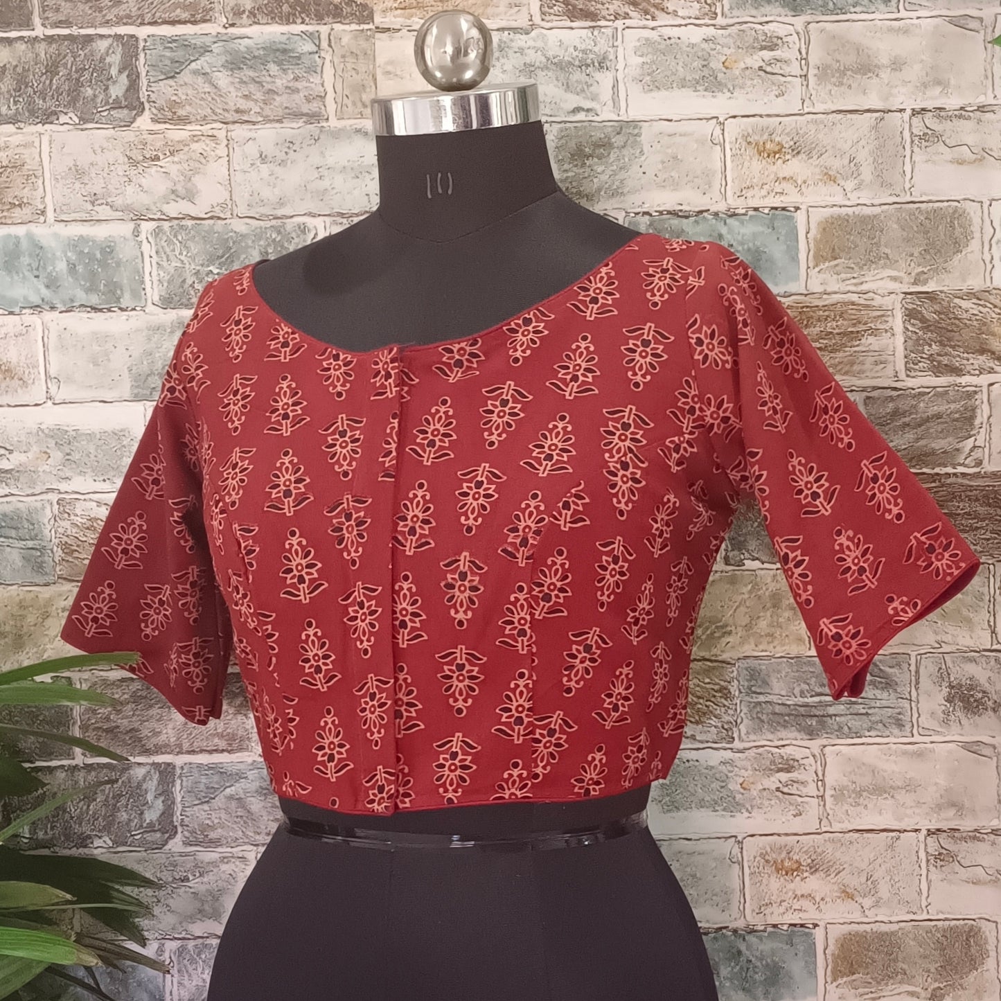 Maroon Printed Cotton Blouse with Boat Neck