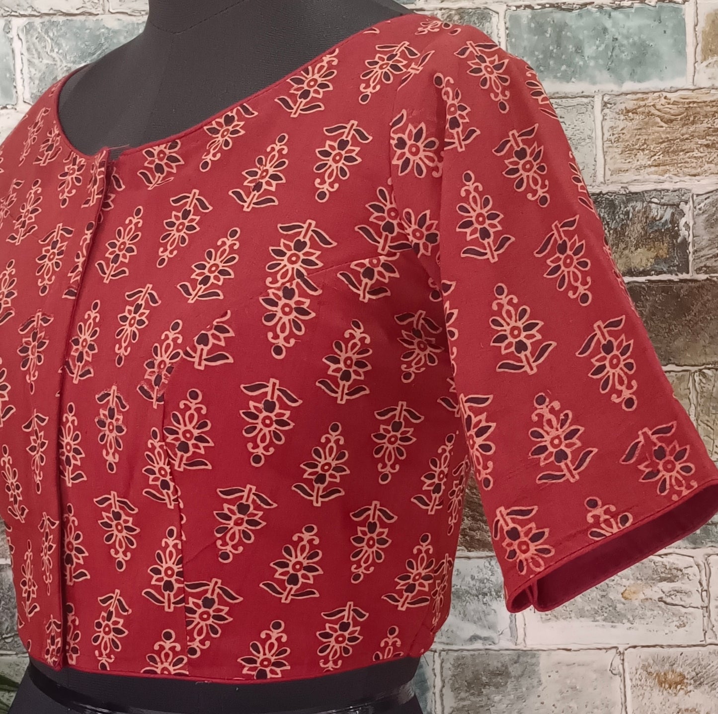 Maroon Printed Cotton Blouse with Boat Neck