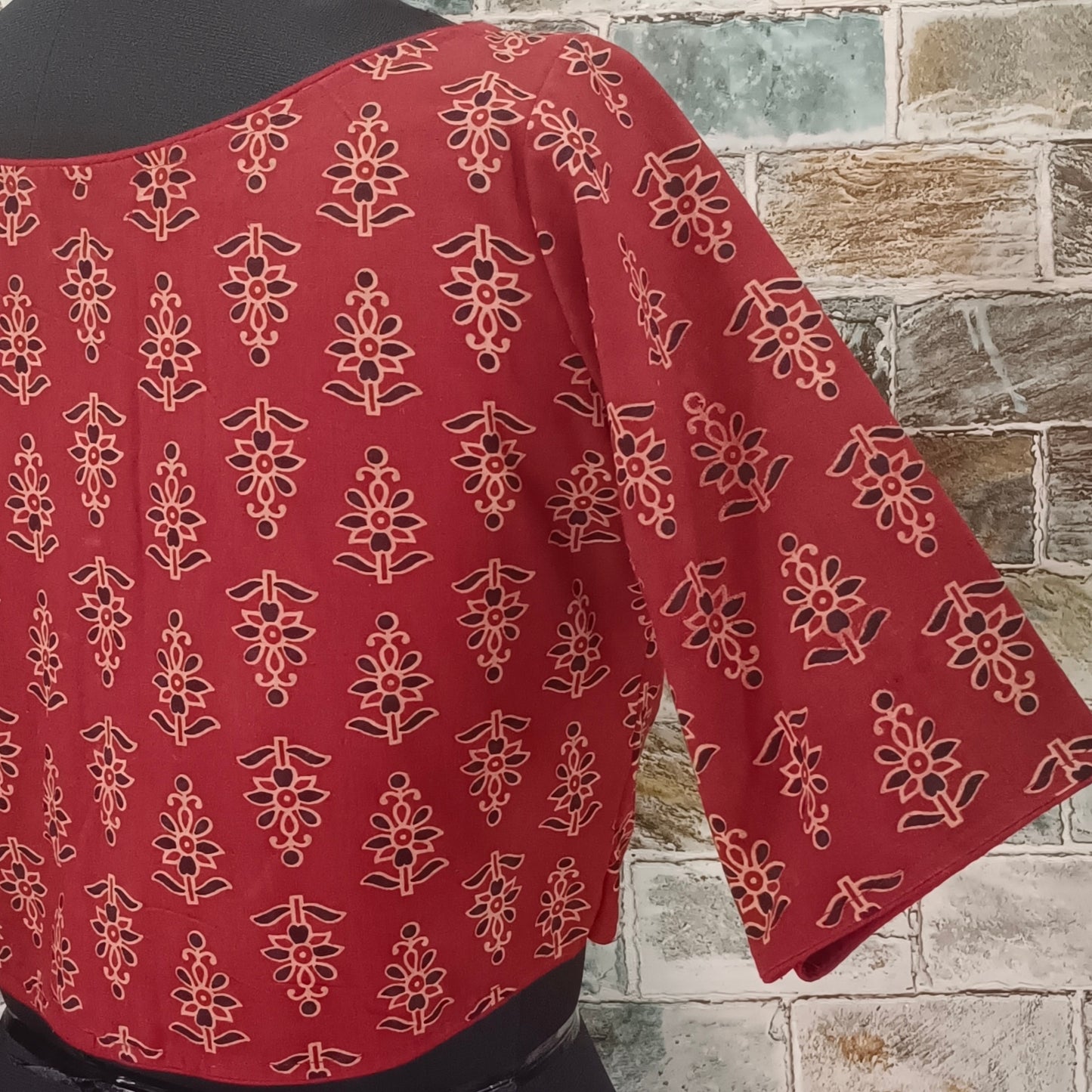 Maroon Printed Cotton Blouse with Boat Neck