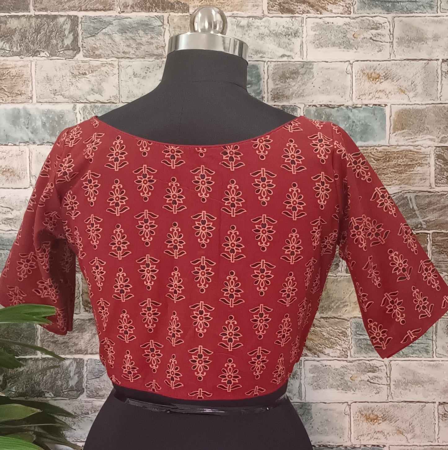 Maroon Printed Cotton Blouse with Boat Neck