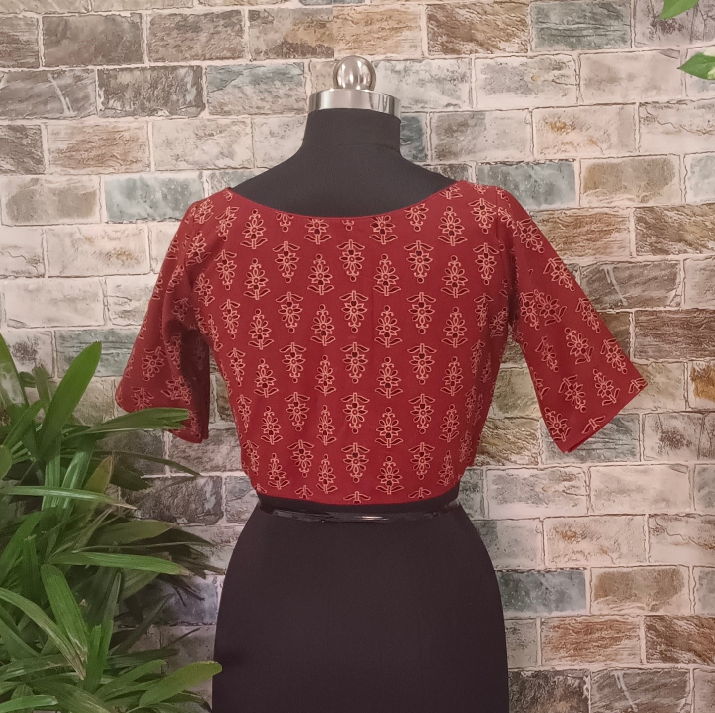 Maroon Printed Cotton Blouse with Boat Neck