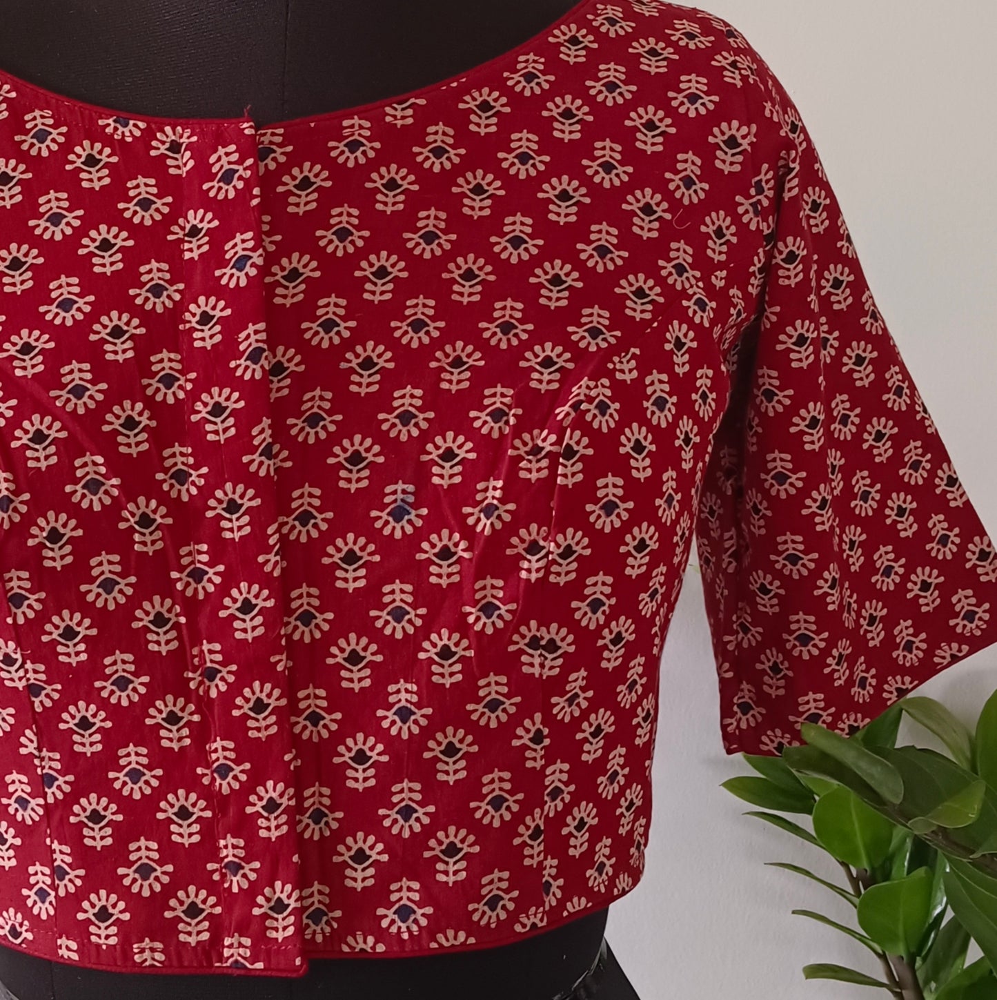 Maroon Printed Cotton Blouse with Boat Neck