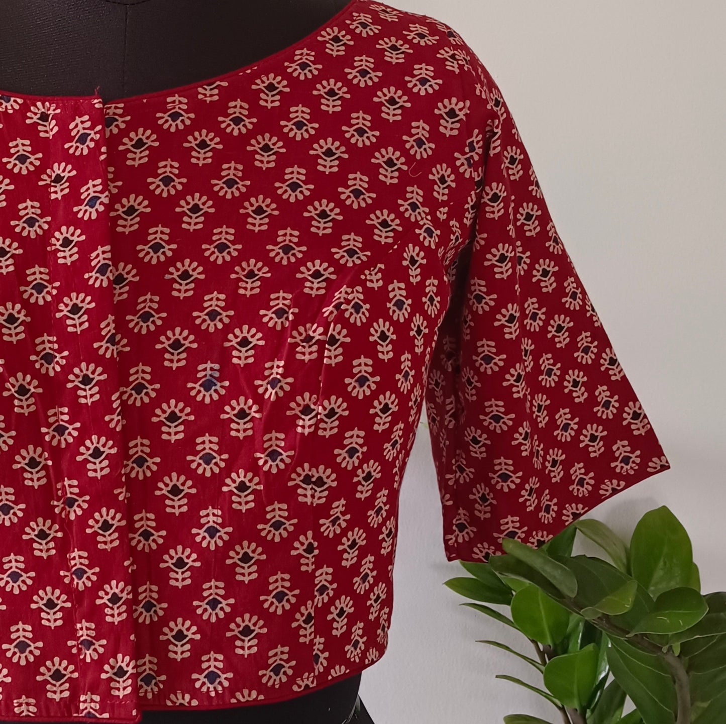 Maroon Printed Cotton Blouse with Boat Neck