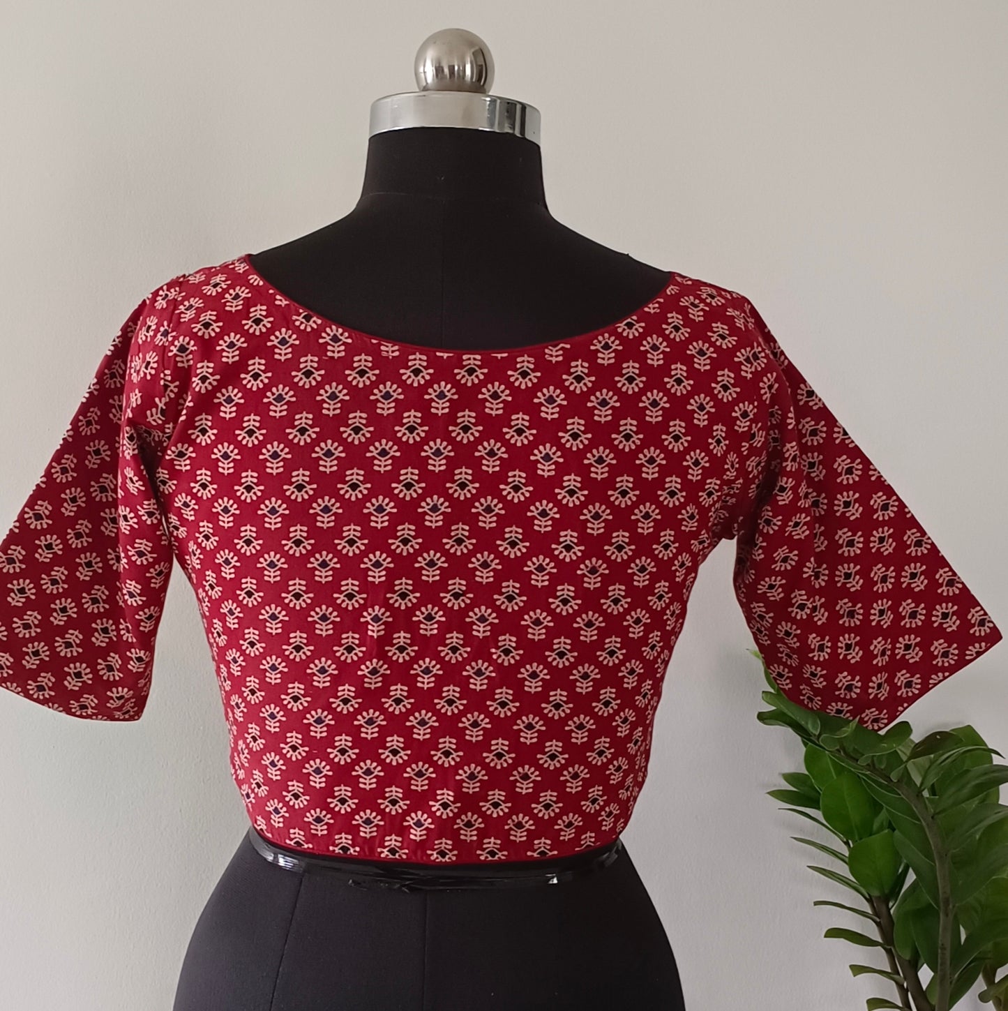 Maroon Printed Cotton Blouse with Boat Neck