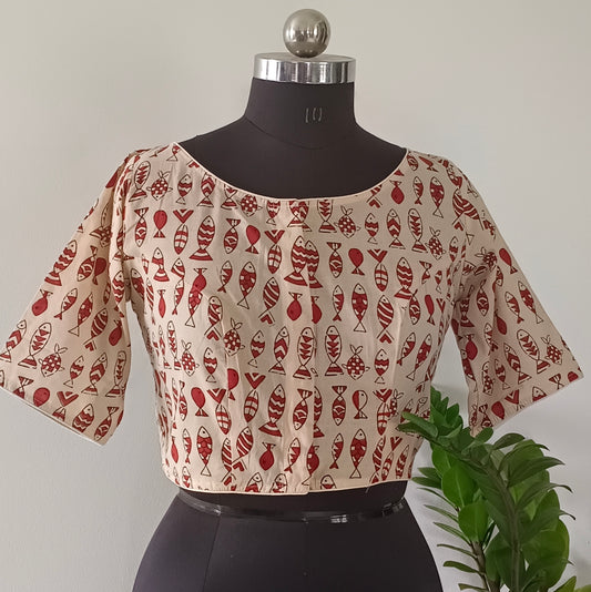 Beige Printed Cotton Blouse with Boat Neck