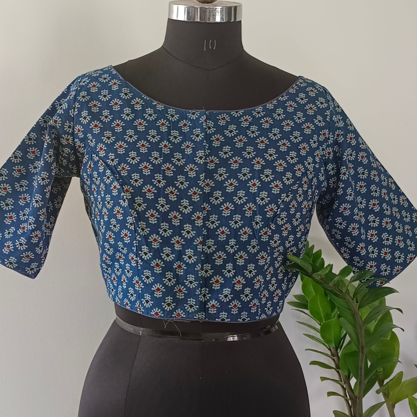 Blue Printed Cotton Blouse with Boat Neck