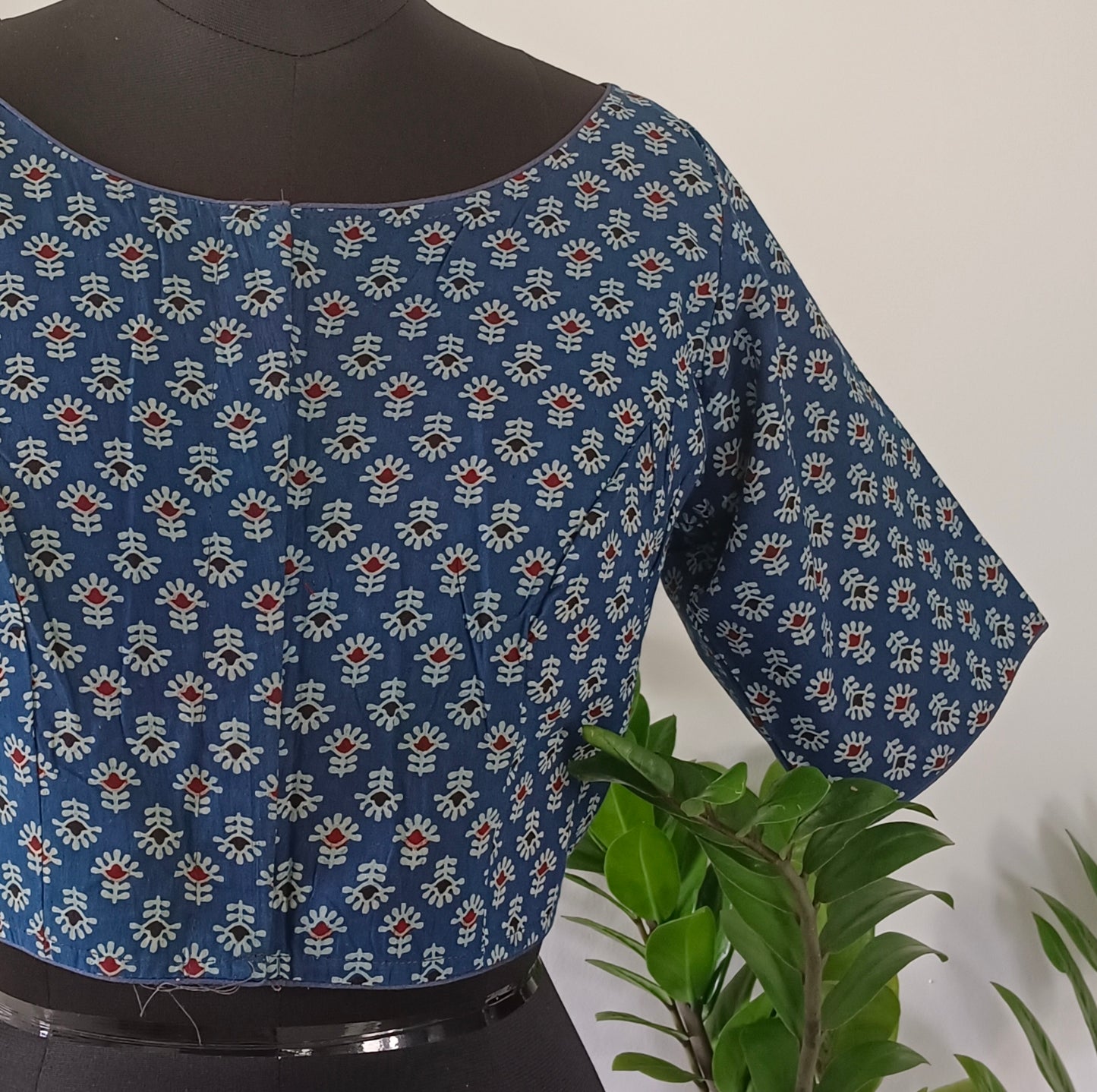 Blue Printed Cotton Blouse with Boat Neck