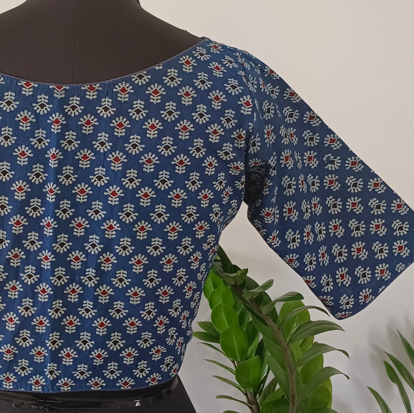 Blue Printed Cotton Blouse with Boat Neck