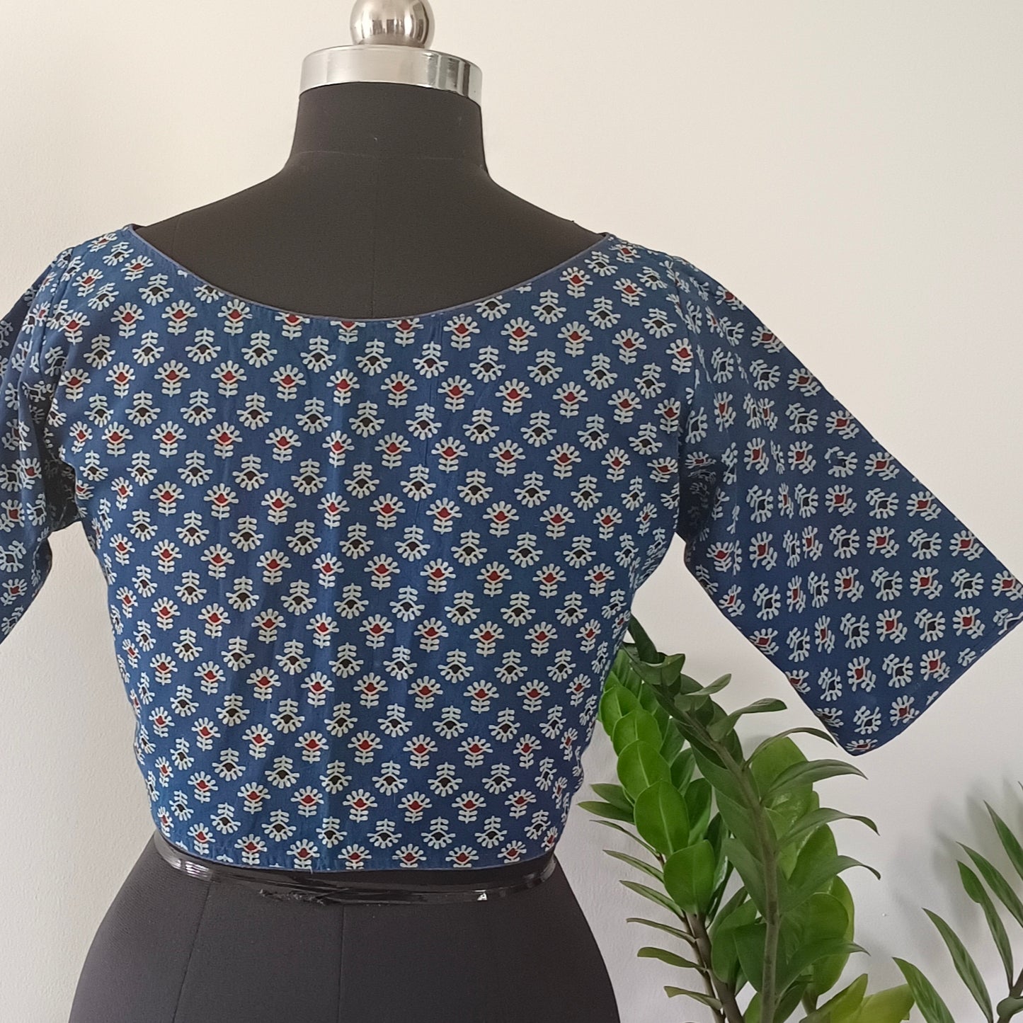 Blue Printed Cotton Blouse with Boat Neck