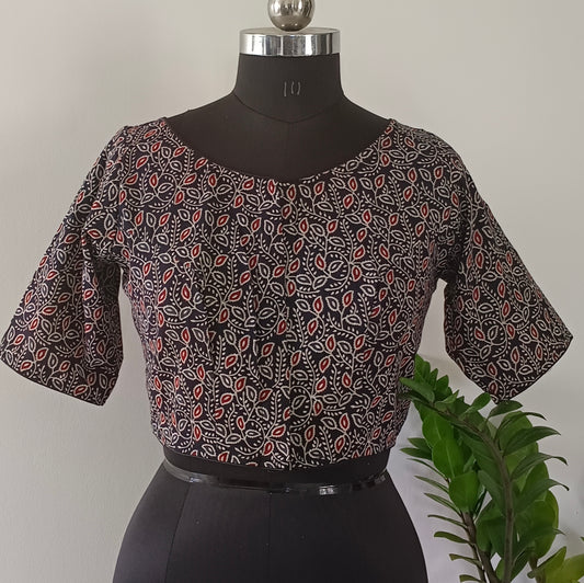 Black Printed Cotton Blouse with Boat Neck