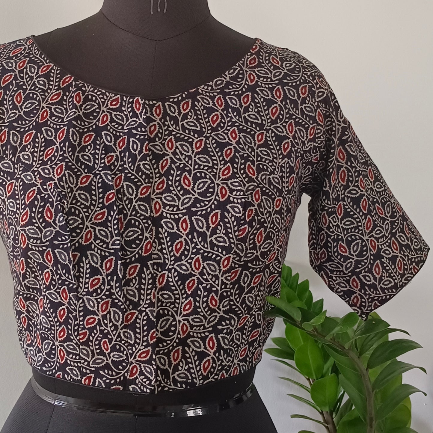 Black Printed Cotton Blouse with Boat Neck