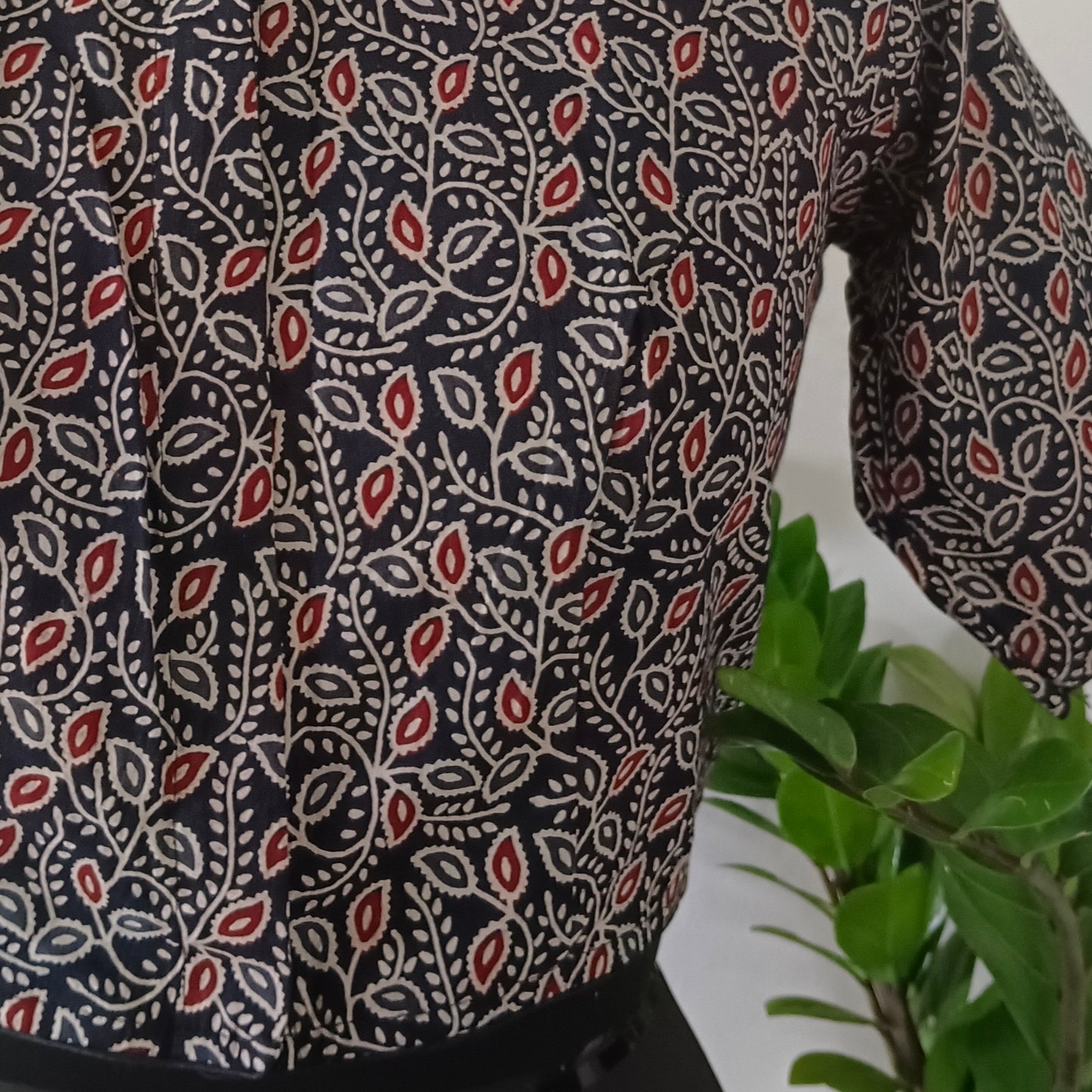 Black Printed Cotton Blouse with Boat Neck