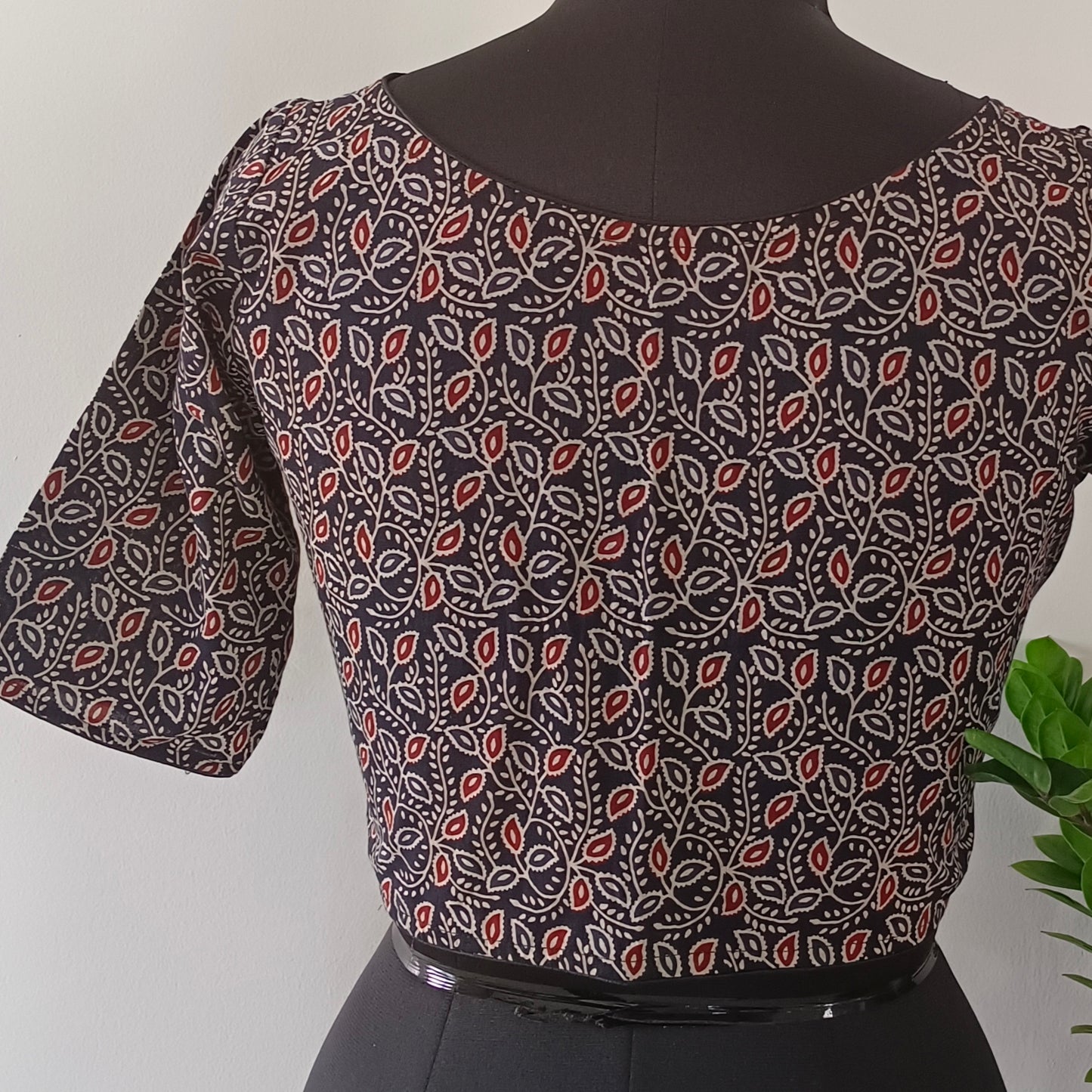 Black Printed Cotton Blouse with Boat Neck