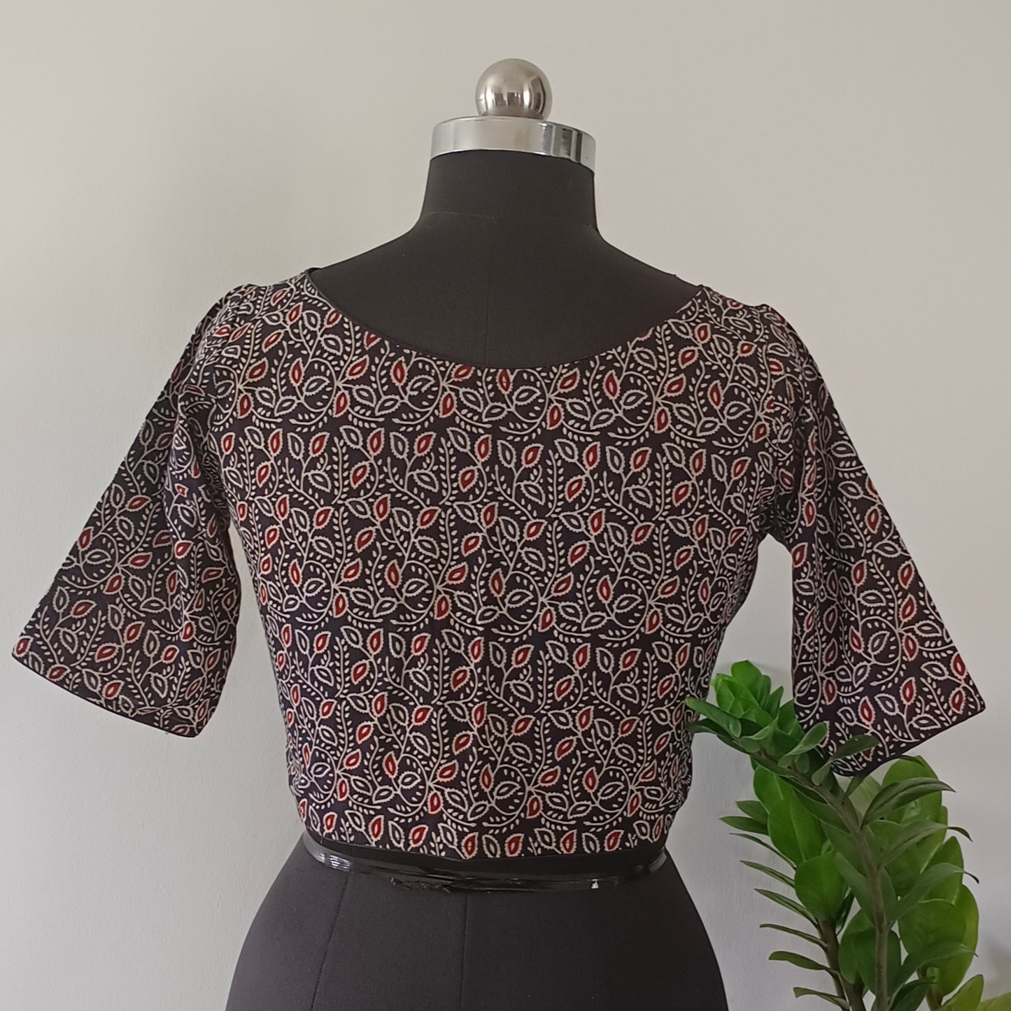 Black Printed Cotton Blouse with Boat Neck