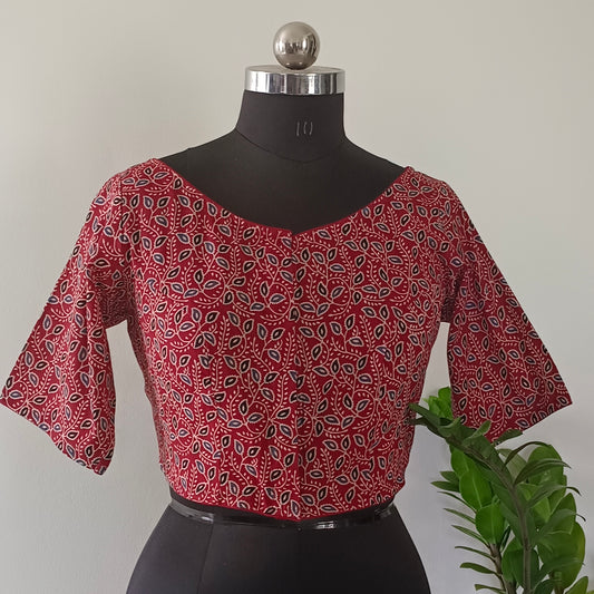 Maroon Printed Cotton Blouse with Boat Neck