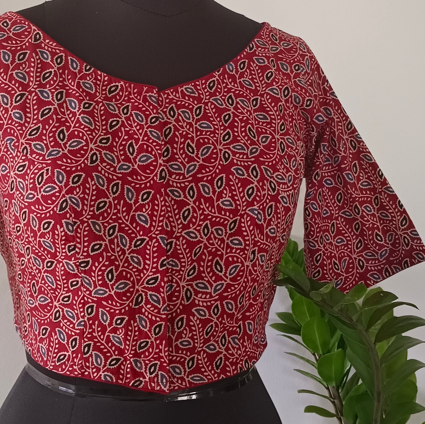 Maroon Printed Cotton Blouse with Boat Neck