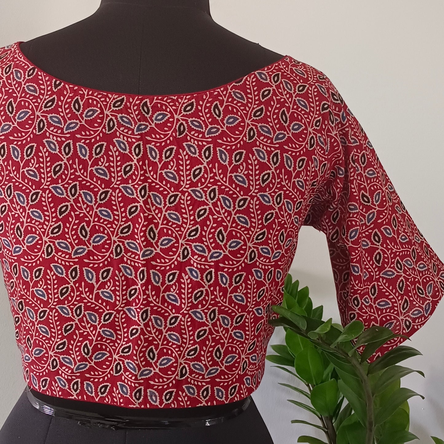 Maroon Printed Cotton Blouse with Boat Neck